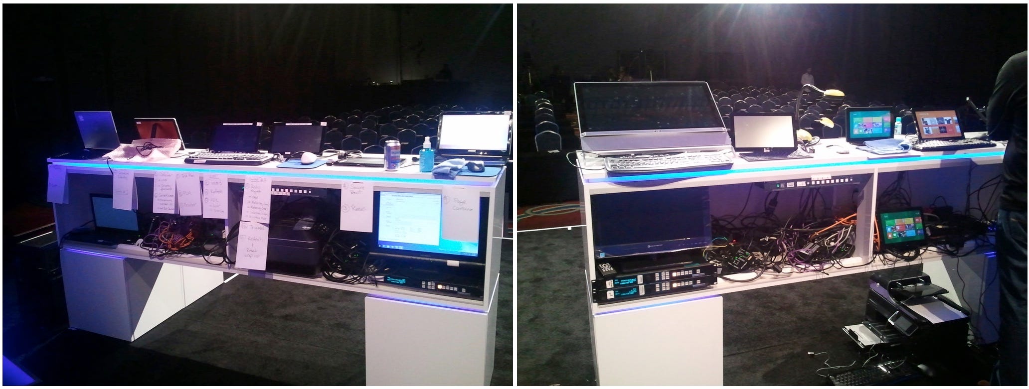 Two photos of the back view of the demo stations and all the hardware required for demos.