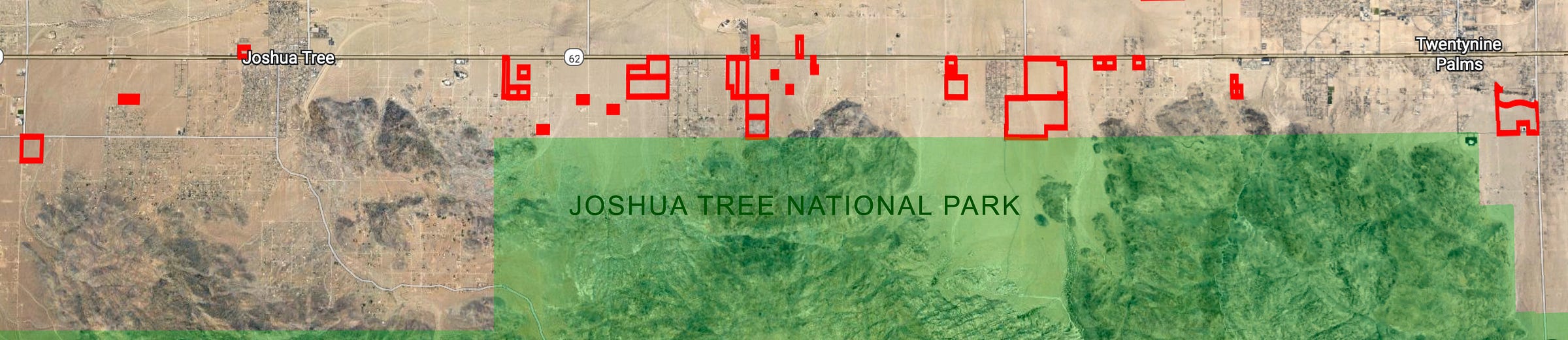 Map of holdings by PMD Investments II and it’s principals in the area between Joshua Tree National Park and Hwy 62