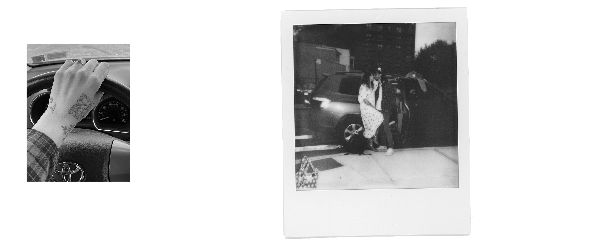 two black and white images. on the left, a hand with a few tattoos rests on the steering wheel of a car. on the right, a polaroid of bridget and tommy in front of the toyota highlander