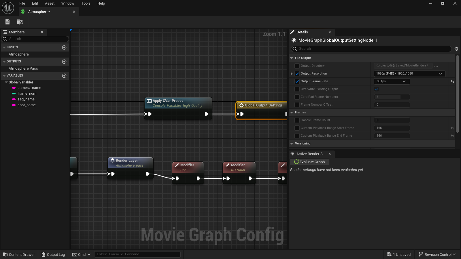 The Global Output Settings node is where the render resolution is defined, frame rate and other sequence related stuff.