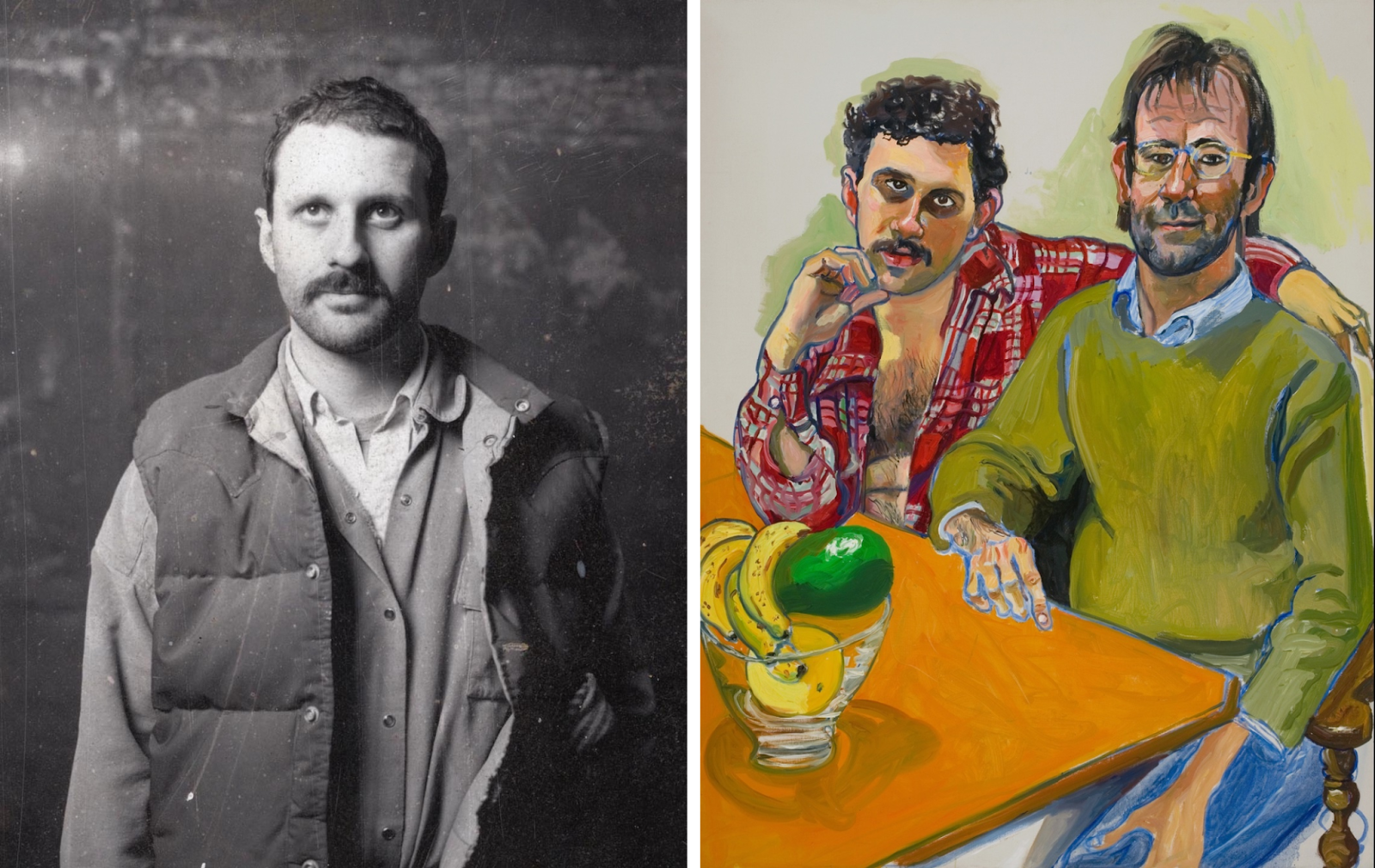 At left, a black and white photo of a man with dark hair and a mustache, dressed in a button-down shirt and a puffy sports vest; at right, a colorful portrait of two men sitting at a table adorned with a bowl of fruit