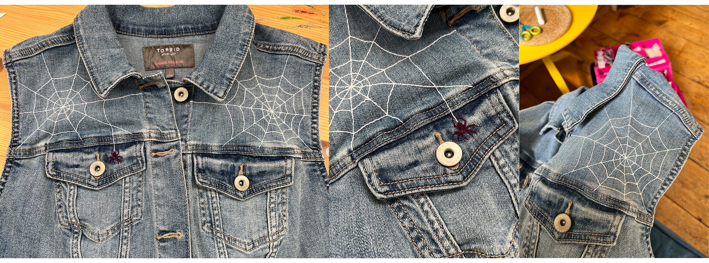 Three photos of the front of a pale denim vest with spiderwebs embroidered over the pockets. The firs timage, on the far left, shows the full front of the vest. The middle image is a close up of the left spiderweb with a line dropping down to where an embroidered spider rests on the flap of the pocket. the far right image is the other web. 