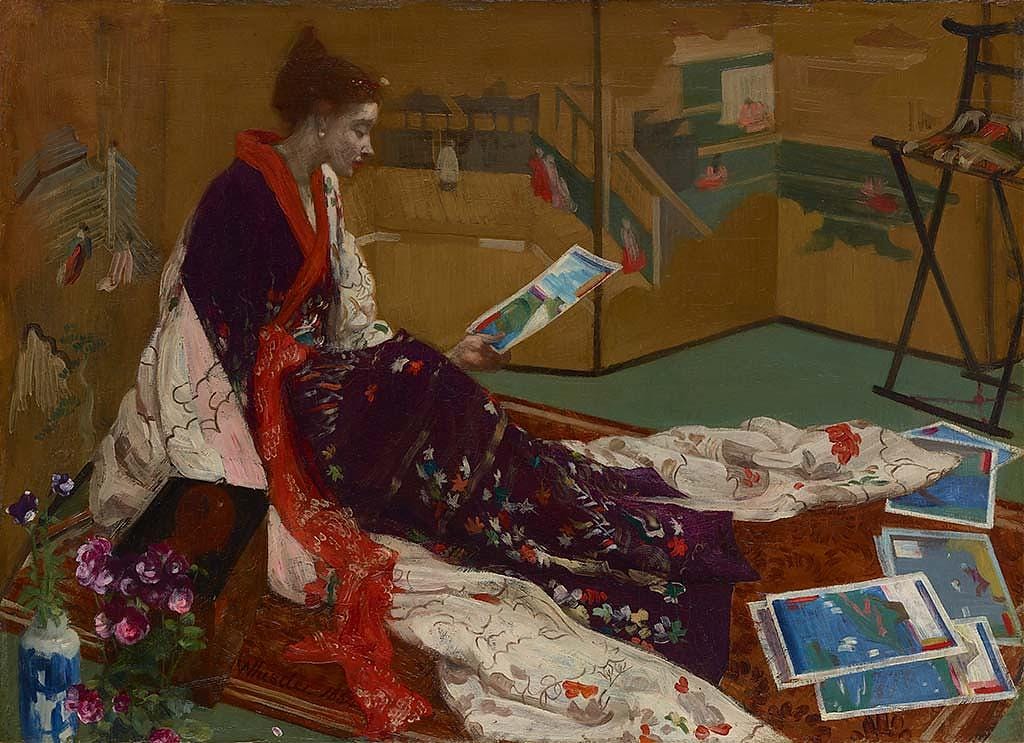 Japonisme painting by James McNeill Whistler of a European woman studying woodblock prints by Japanese woodblock artist Hiroshige, 1864