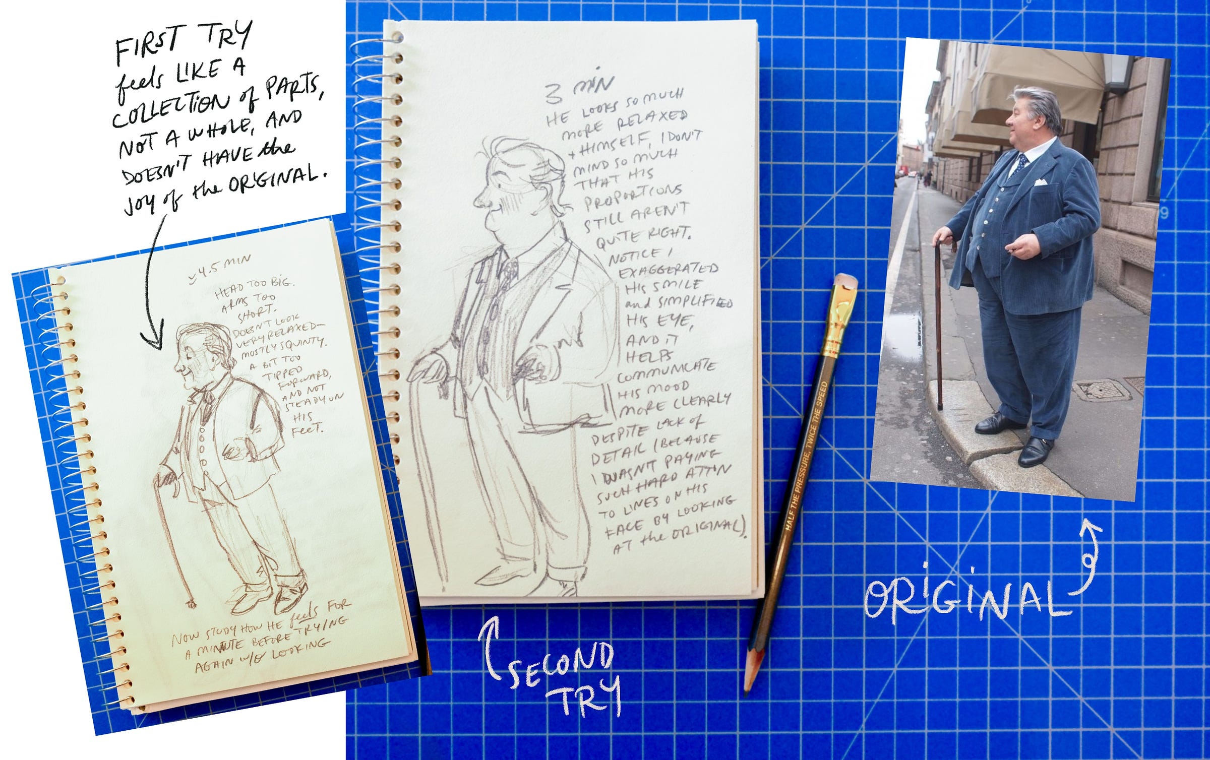 Gracie's sketchbook showing two versions of a drawing of a gentleman in a suit.
