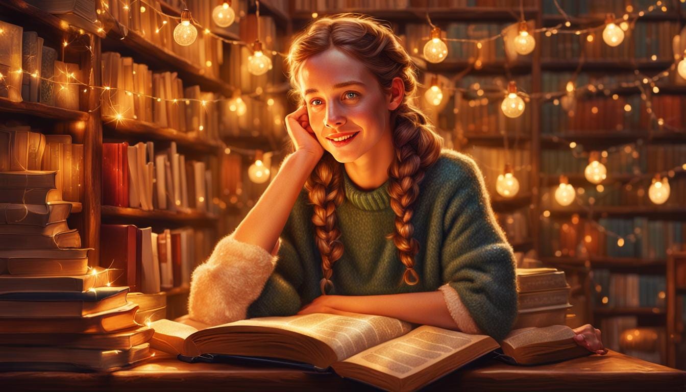 Young woman in a library, reading from an open book, a glow on her face as she is telling stories.