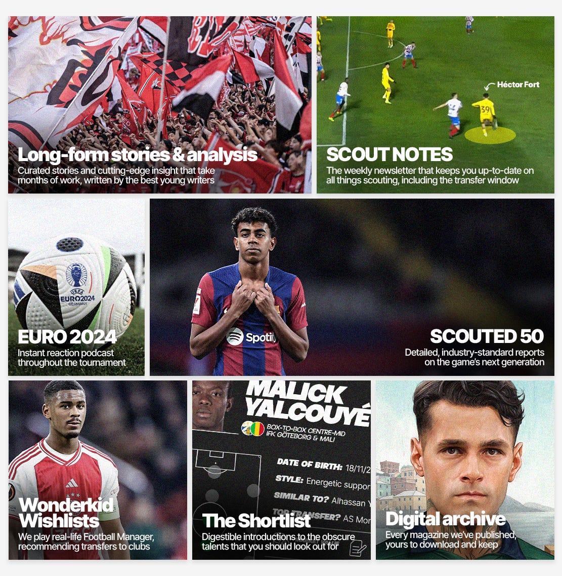 A tile board featuring everything that SCOUTED will offer throughout our bumper summer of youth football journalism,