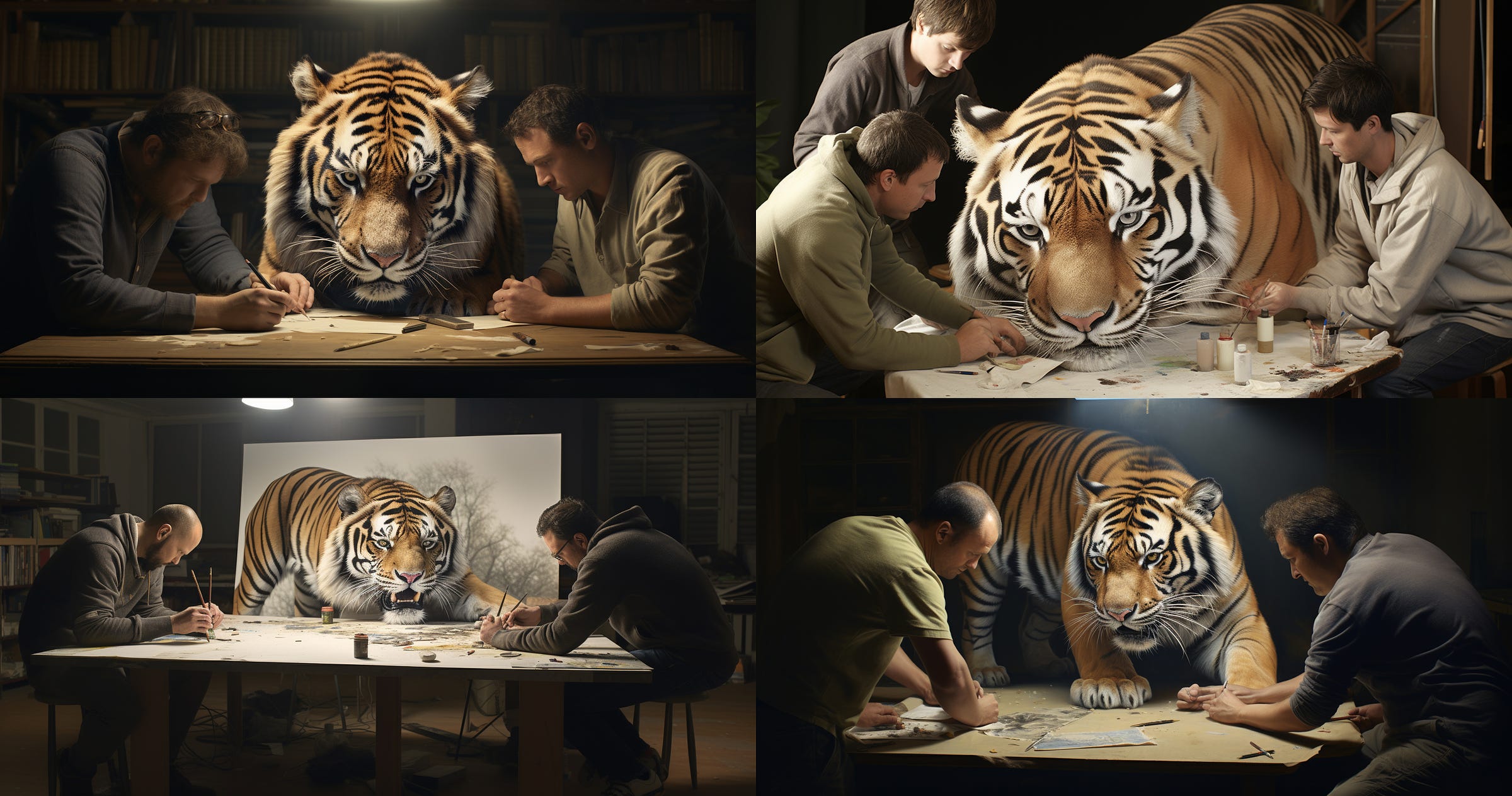 Four variations of "three men collaborating to create a drawing of a tiger" imagined by Midjourney