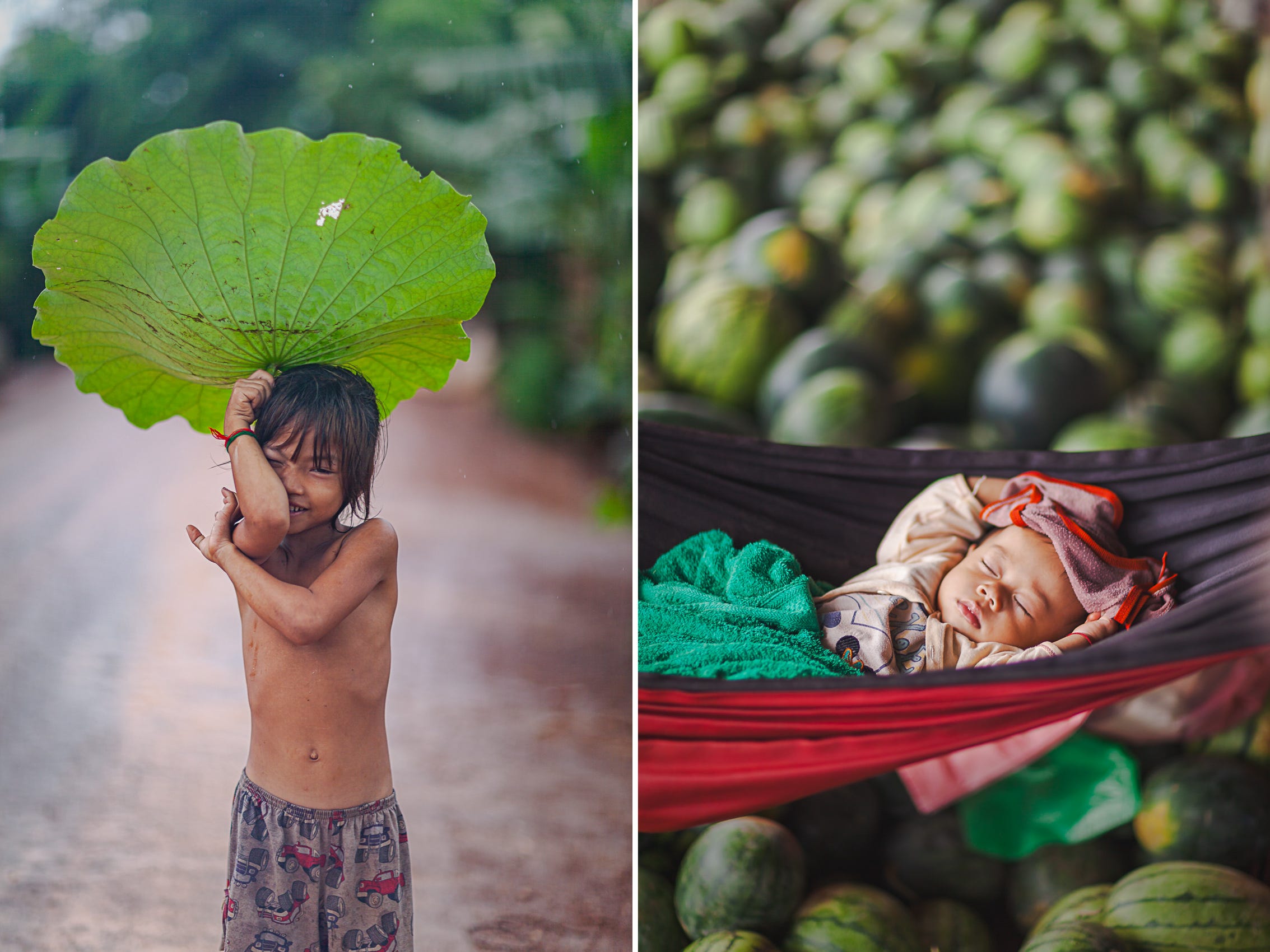 “Bring your own umbrella” and “Sleeping above the watermelons”, Kampong Chhnang, Tonle Sap Lake, Cambodia. 1/2000 (left), 1/320 (right) and both f/1.2, ISO100, 85mm, 