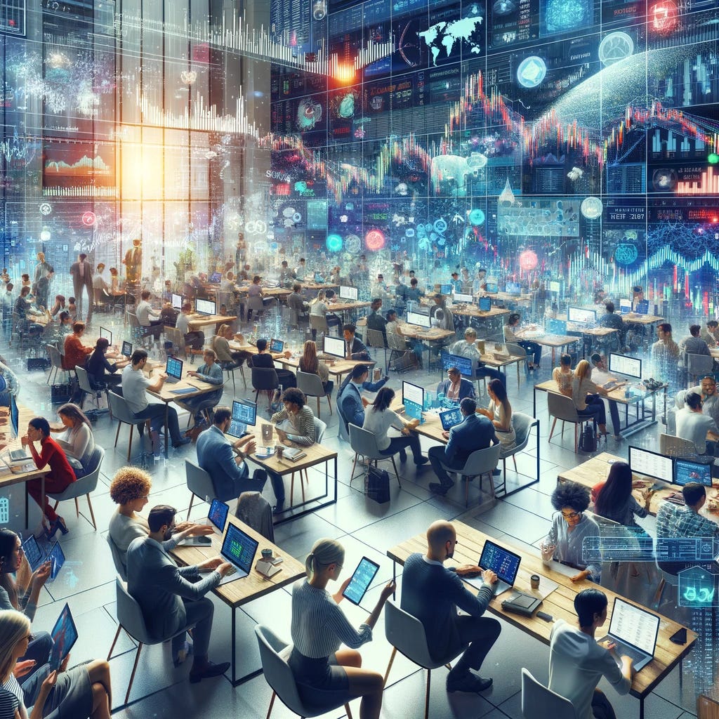 A dynamic, bustling scene depicting a large group of diverse people investing online. Imagine a spacious, modern coworking space filled with individuals of various ages and backgrounds, all deeply focused on their laptops and tablets. The room buzzes with energy and concentration. Each screen shows different aspects of online investing: stock market charts, cryptocurrency exchanges, and investment platform interfaces. Some individuals are in groups, discussing strategies and sharing insights, while others work independently, analyzing data and making decisions. The atmosphere is one of collaboration, innovation, and the democratization of finance, highlighting the accessibility and engagement of online investing today.