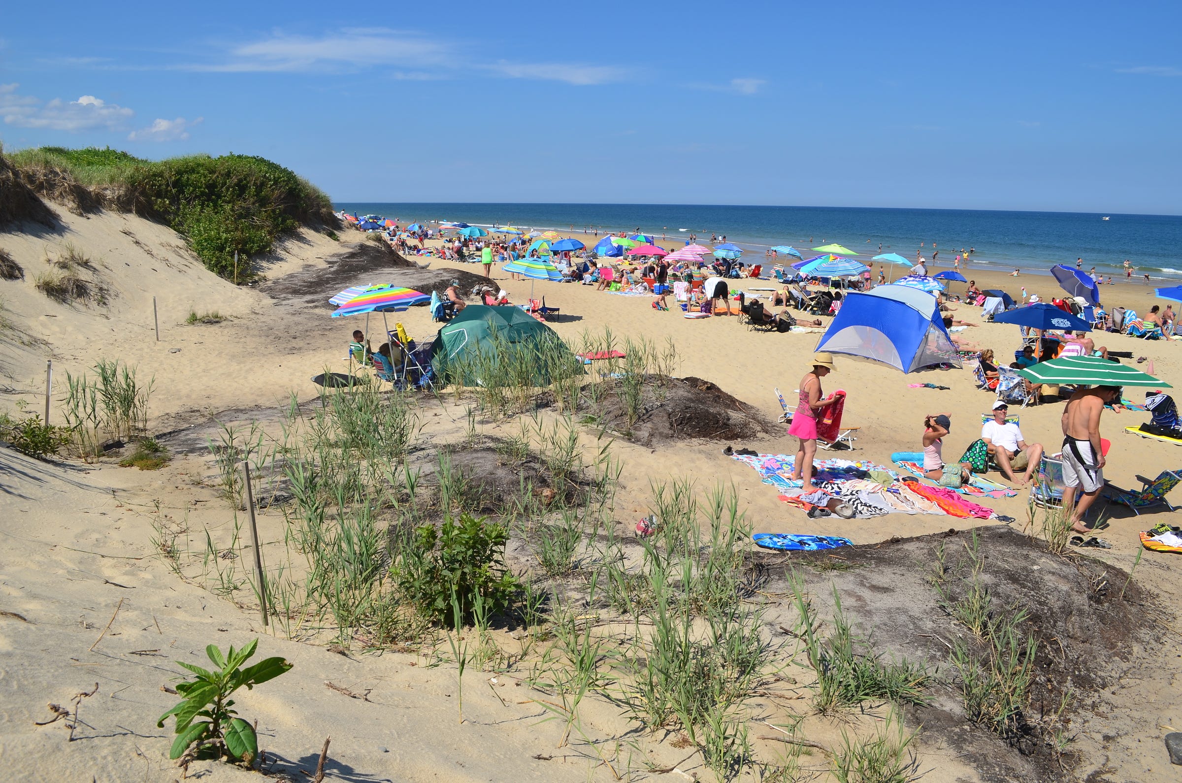 Looking down from a high sandy bluff to a summer ocean beach crowded with people.
