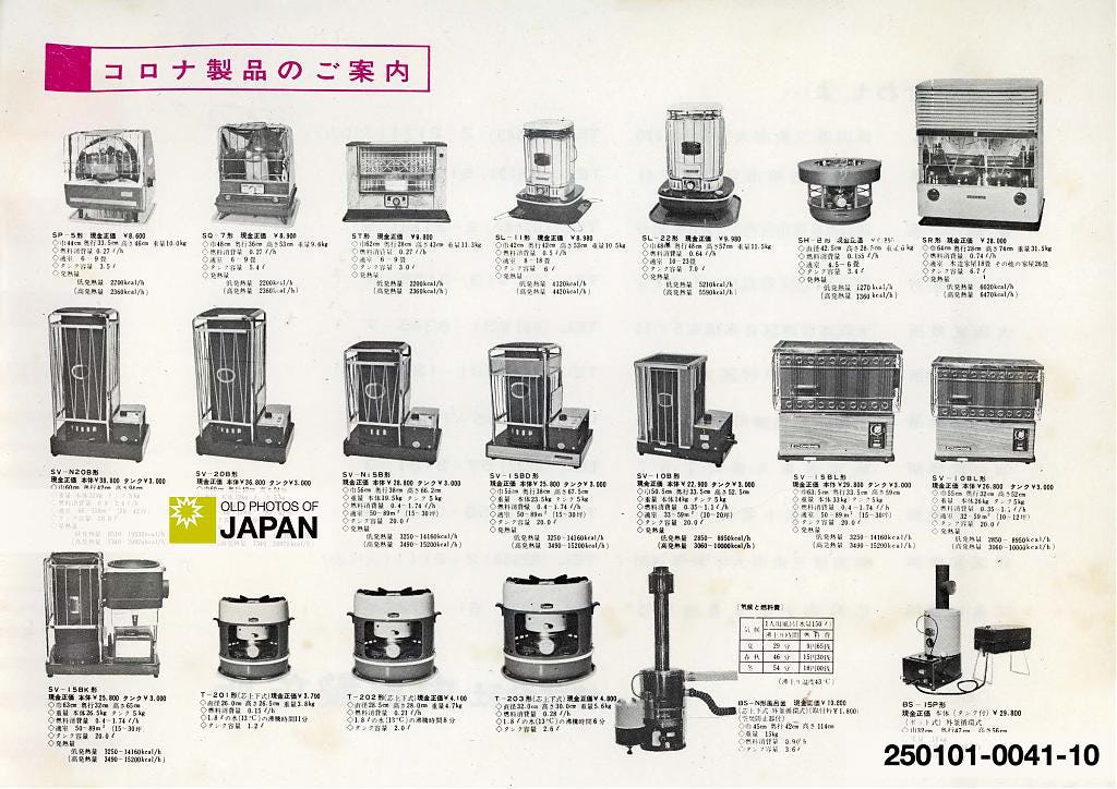 Line-up of kerosene heaters produced by the Japanese company Corona in 1962