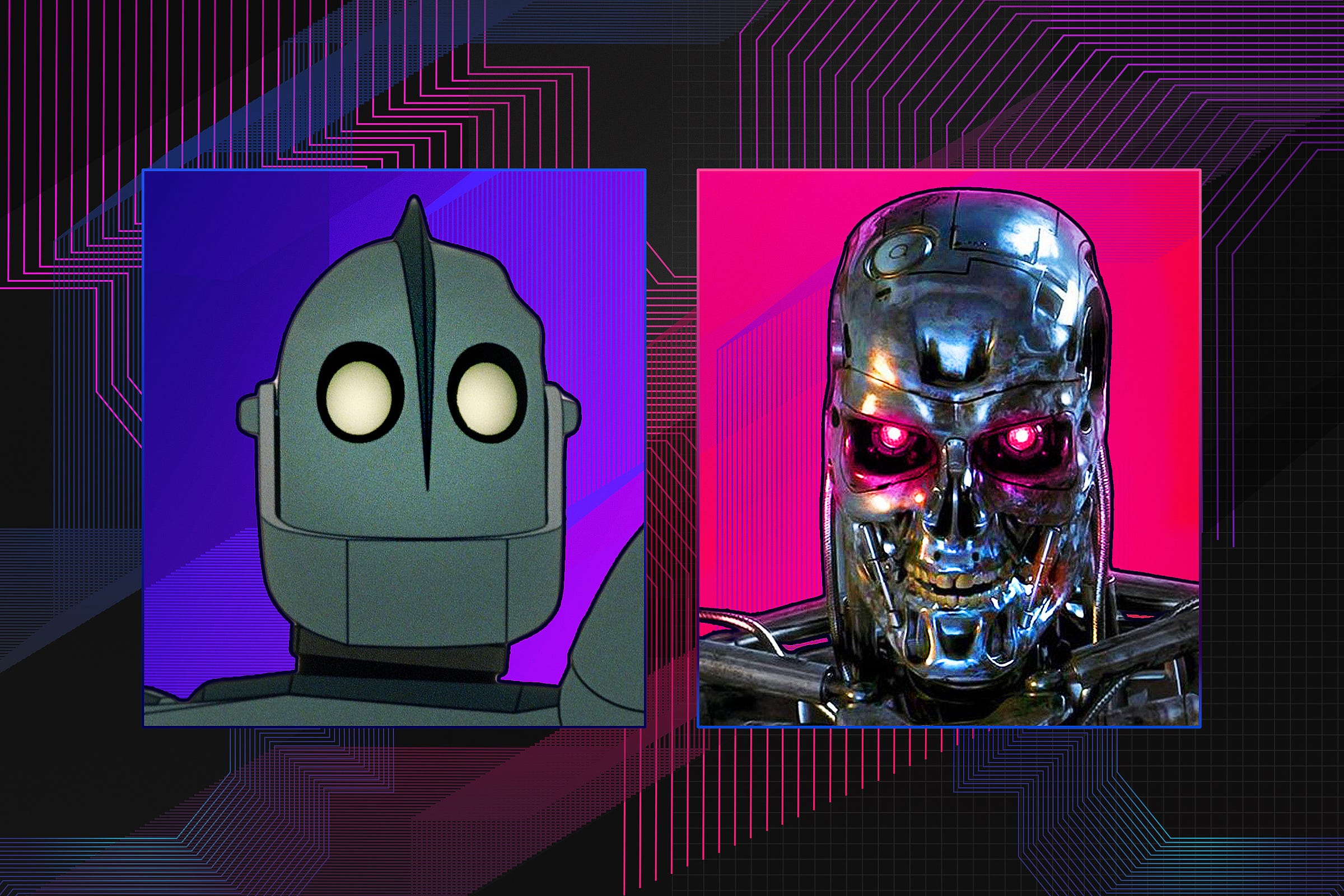 Brightly colored illustration featuring the Iron Giant and Terminator robots