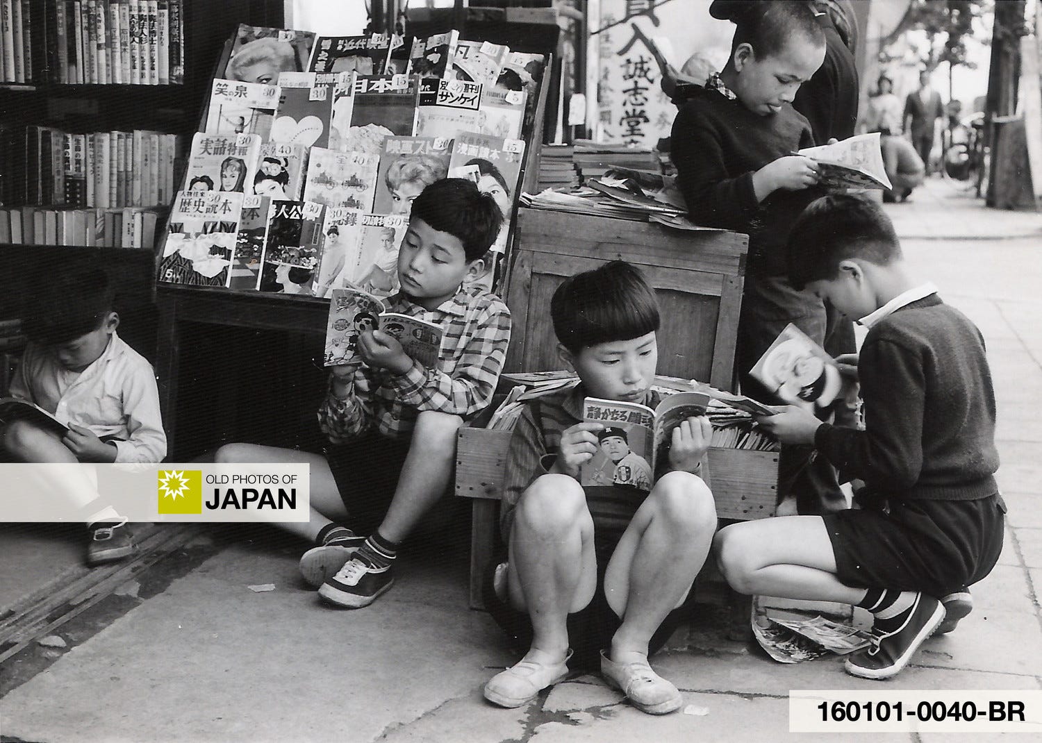 Japanese boys reading manga at a Tokyo book store, 1958