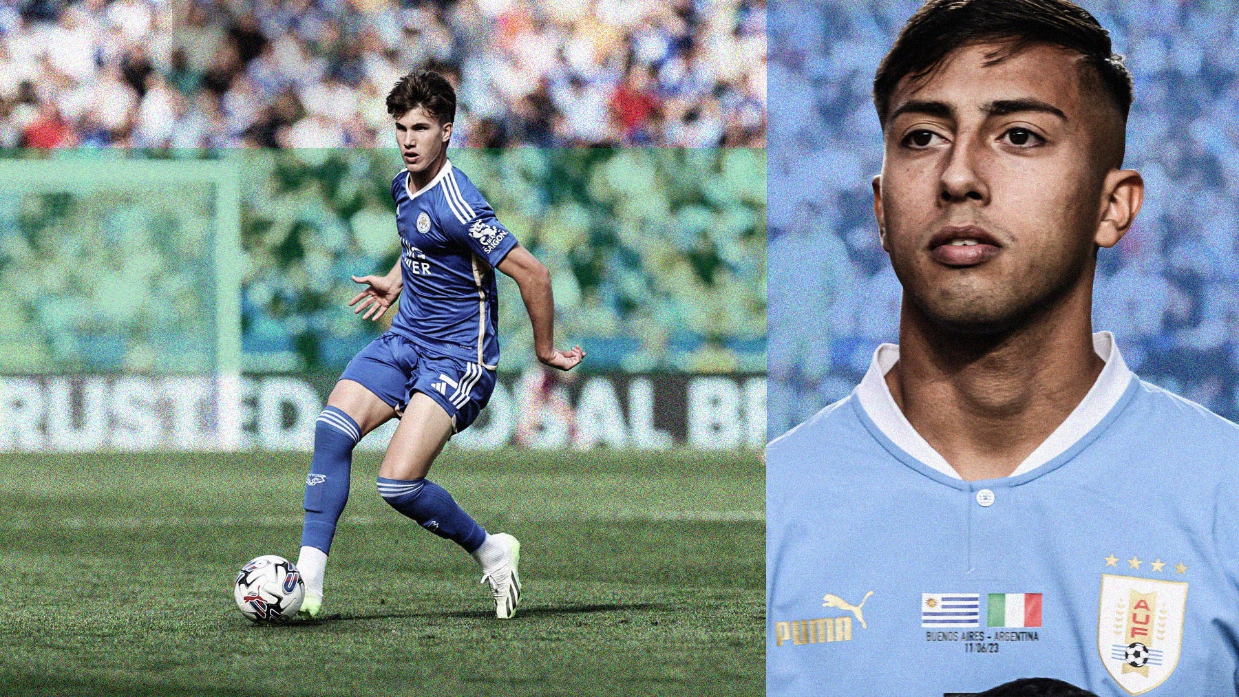 A composite image featuring two photos: on the left, Cesare Casadei passing the ball while playing for Leicester City; on the right, a close-up of Uruguay captain Fabricio Díaz