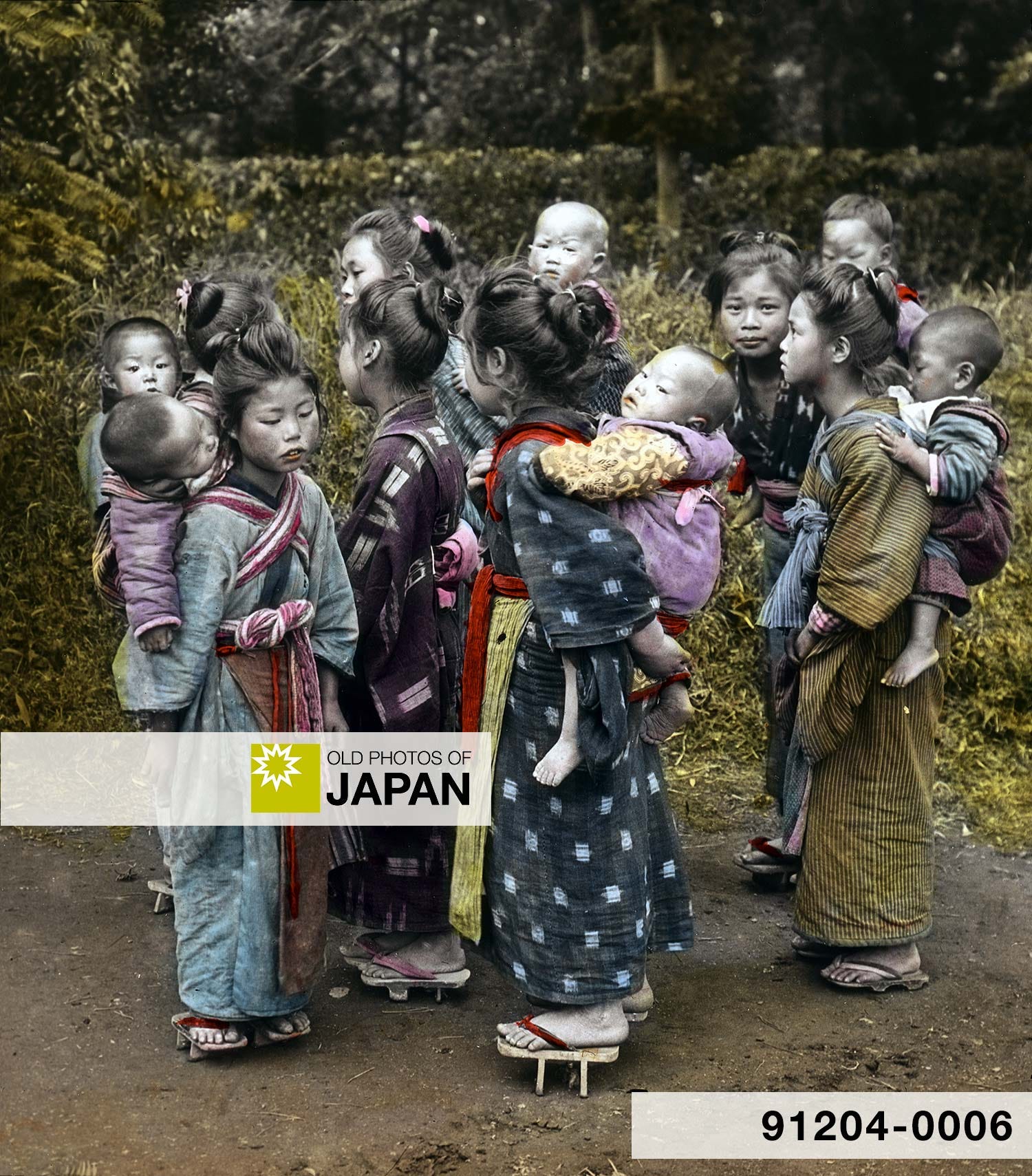 Japanese komori nursemaids carrying babies, 1900s