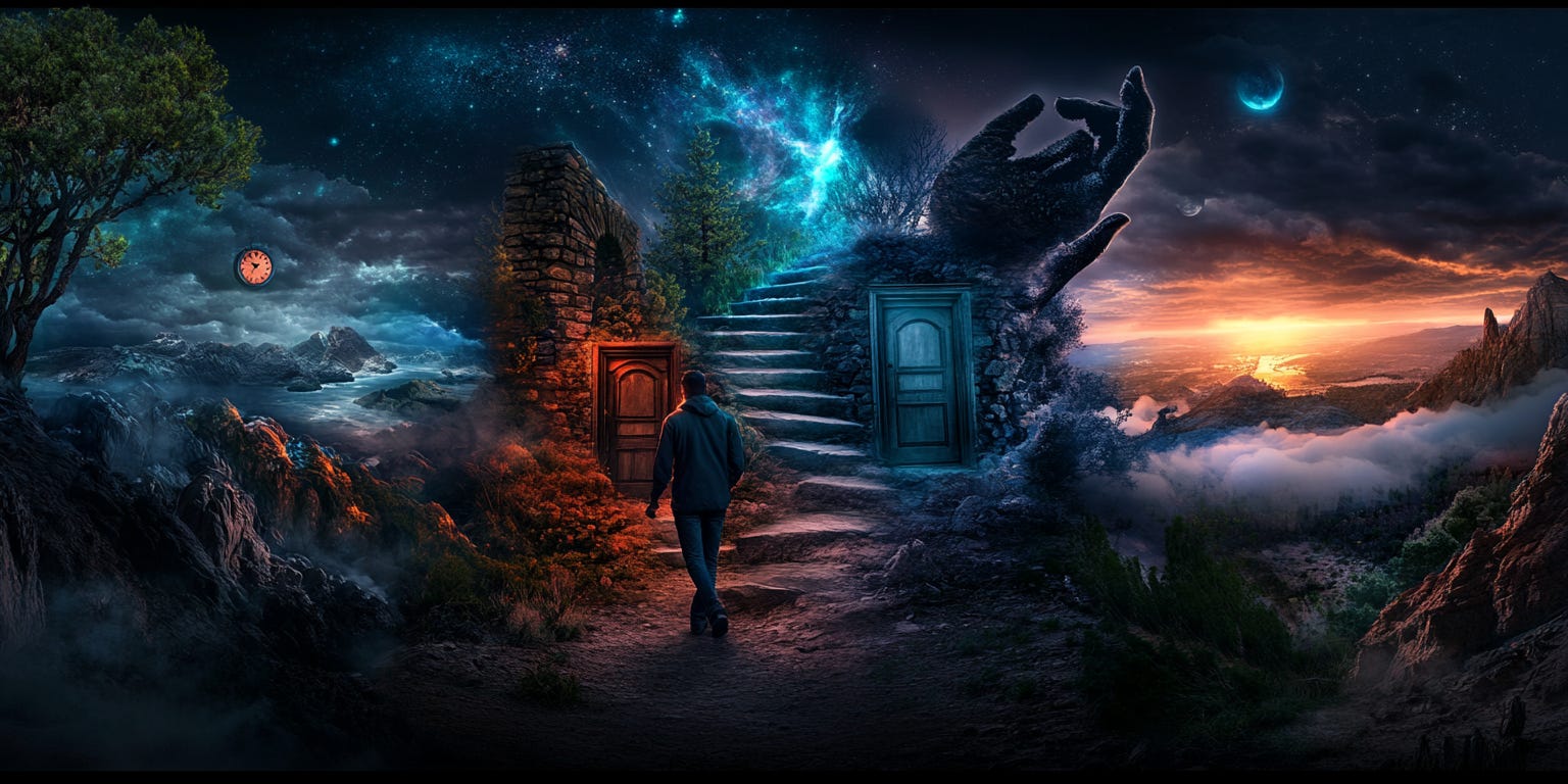 A winding path that spirals upward through different landscapes - starting in a misty forest, transitioning to a desert with strange rock formations, then to an ocean scene with waves frozen in motion, and finally fading into a starry cosmos.