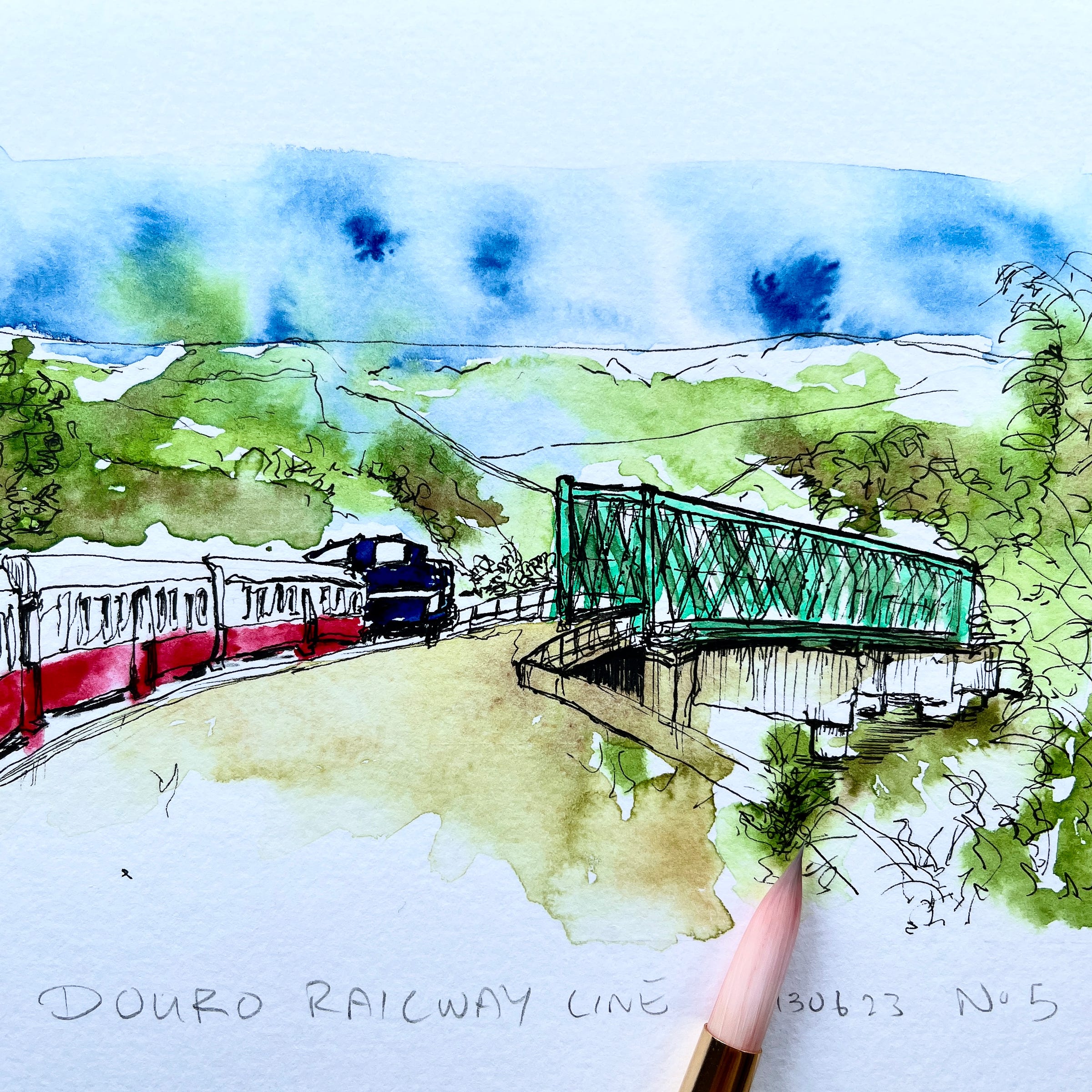 Image: artwork of continuous, loose line drawing with watercolour paint, featuring nature landscape of scenery along the Douro railway in northern Portugal. The artwork shows the striking red colour train curving its way to meet the entrance into a teal-ish green colour bridge structure.