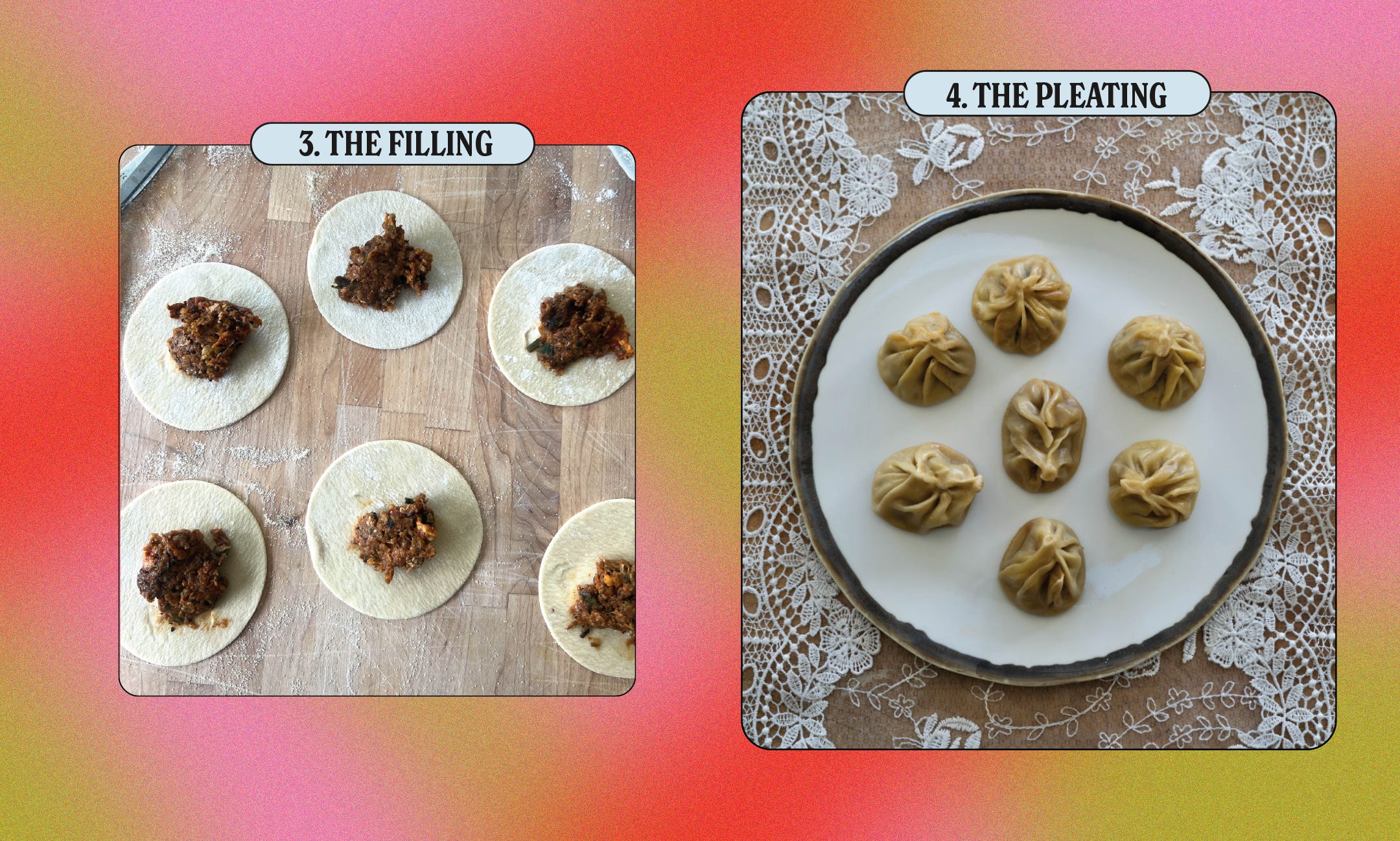 at left, a photo of dumpling filling on top of dough that's not yet pleated; on the right, a plate of plain steamed khinkali 