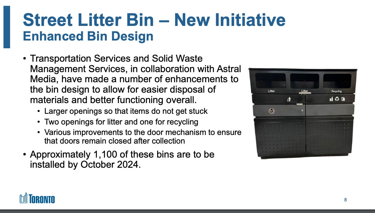 Slide titled "Street Litter Bin - New Initiative / Enhanced Bin Design" showing photo of new look on-street trash bin