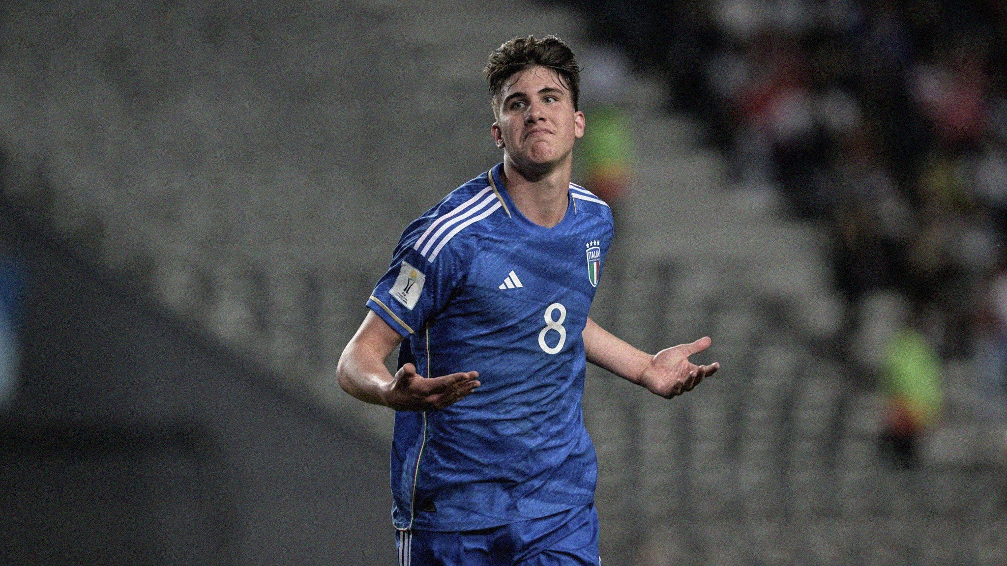 A photo of Italy's Cesare Casadei celebrating scoring a goal at the 2023 FIFA U-20 World Cup