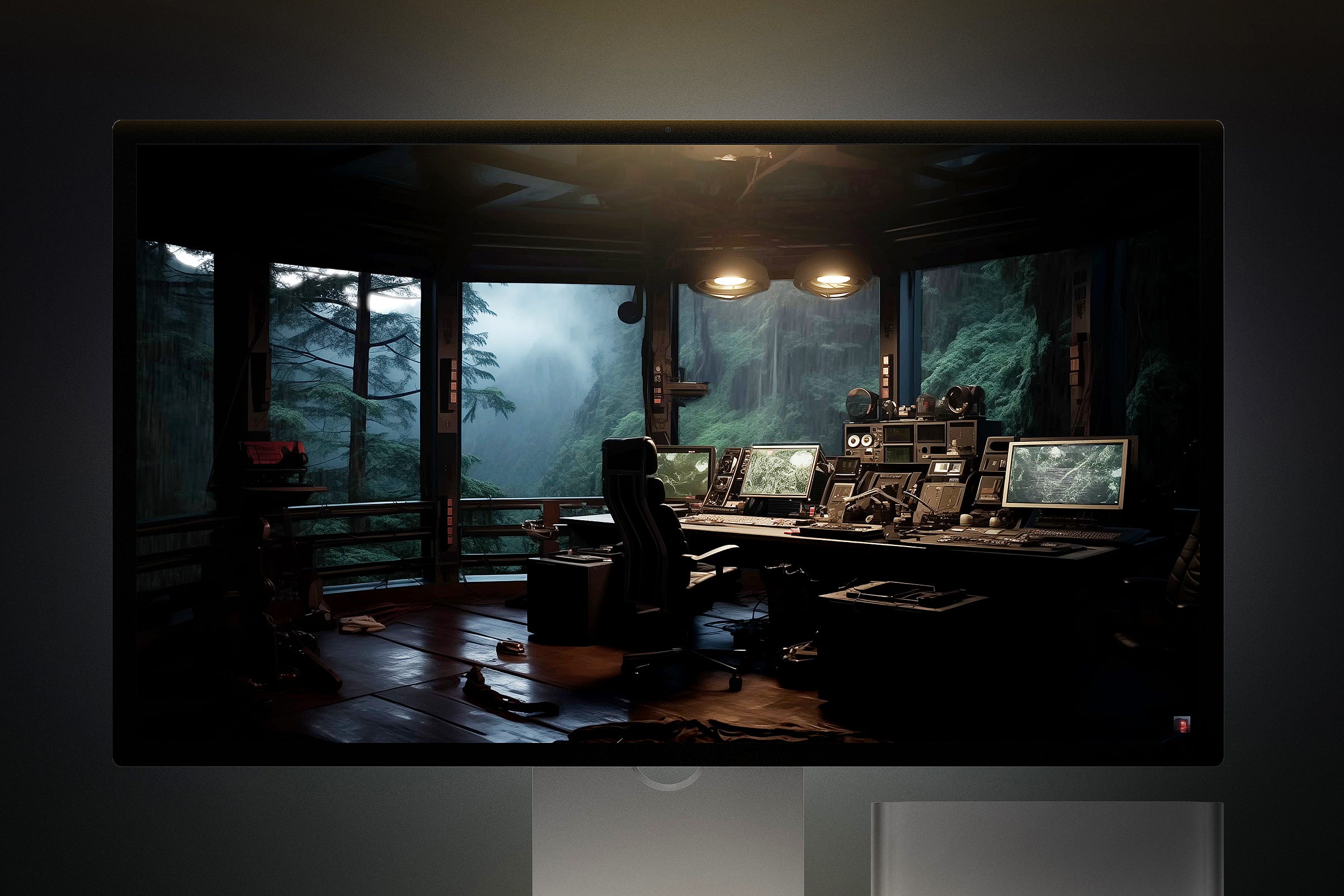 Photo of an Apple Studio Display with an image of an AI-created room with computer screens and equipment on a moodily lit desk and windows overlooking a rainy, misty forest.