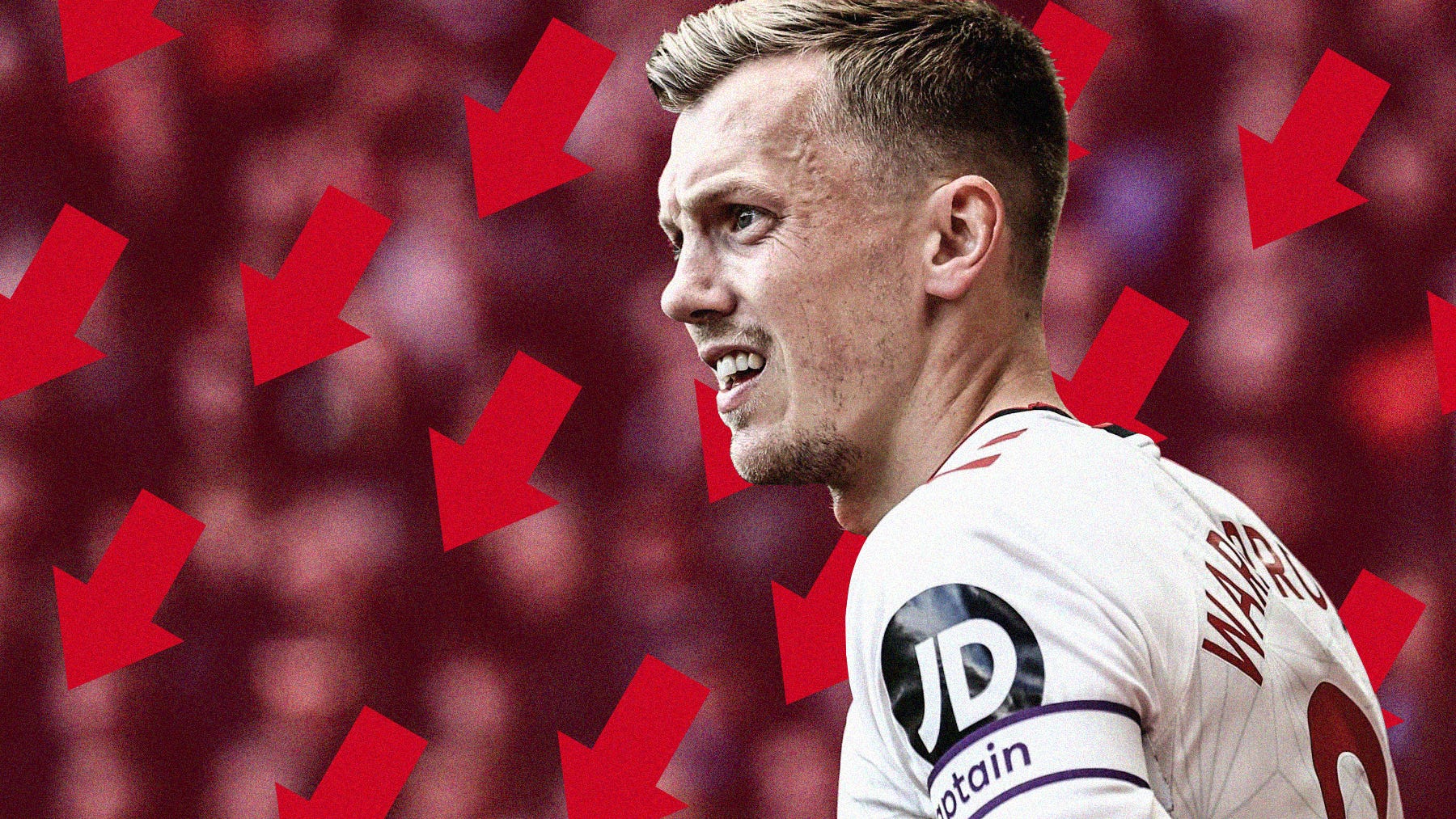 A close-up photo of Southampton's James Ward-Prowse set against a red background with multiple red arrows pointing downward