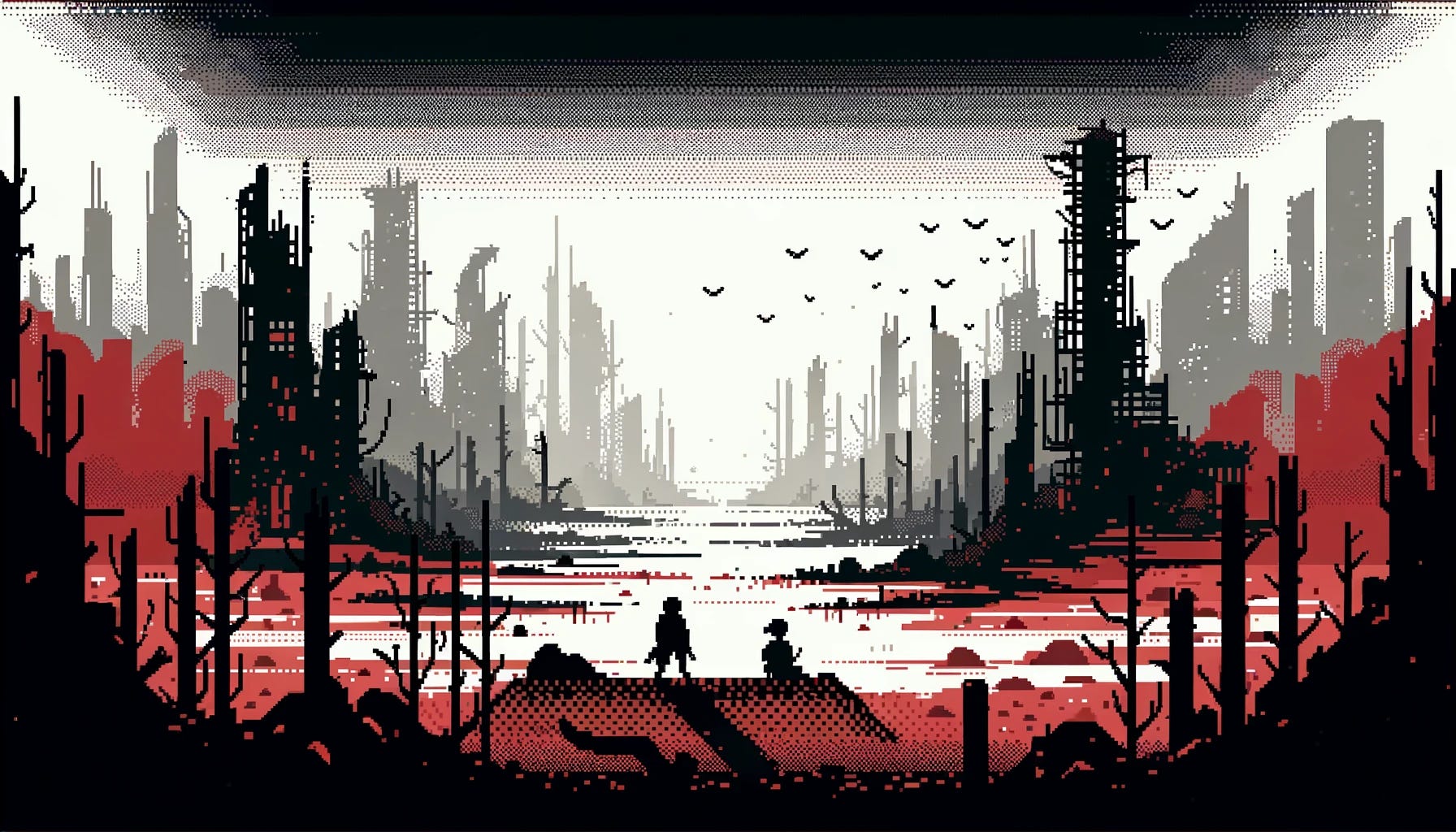 Create a 16-bit style video game cutscene with a simpler, more abstract design, focusing on an apocalyptic theme. The image should convey a sense of desolation and doom through basic shapes and minimal details, using a limited color palette of reds, blacks, and grays. The scene should suggest ruined landscapes and a bleak atmosphere without intricate details, embodying feelings of abandonment and despair. Characters, if included, are mere silhouettes, representing alienation and affliction. This approach aims to capture the mood with less complexity, evoking the essence of an apocalyptic world through a more abstract and minimalistic style.
