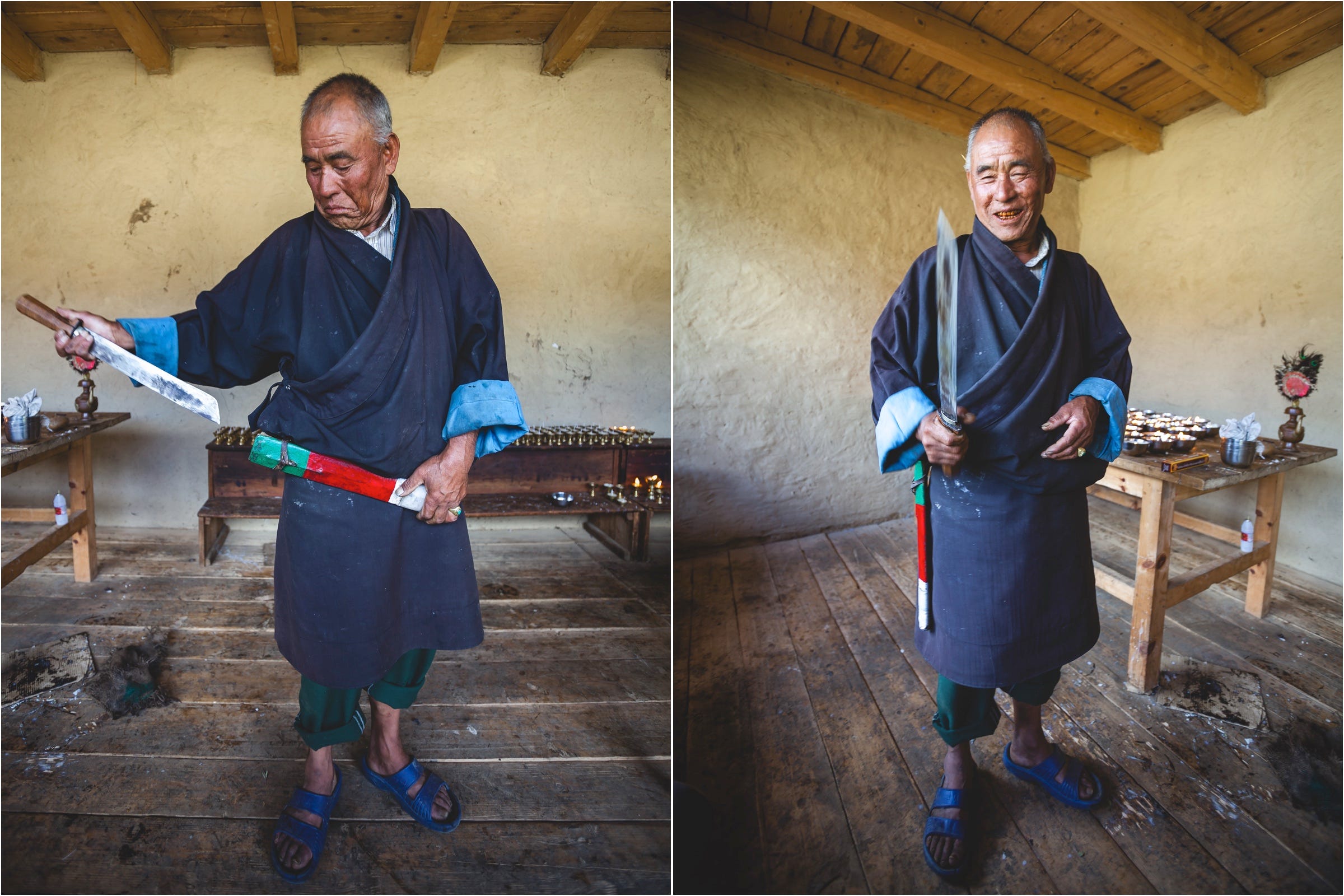 A candlemaker proudly shows the knife he carries at all times