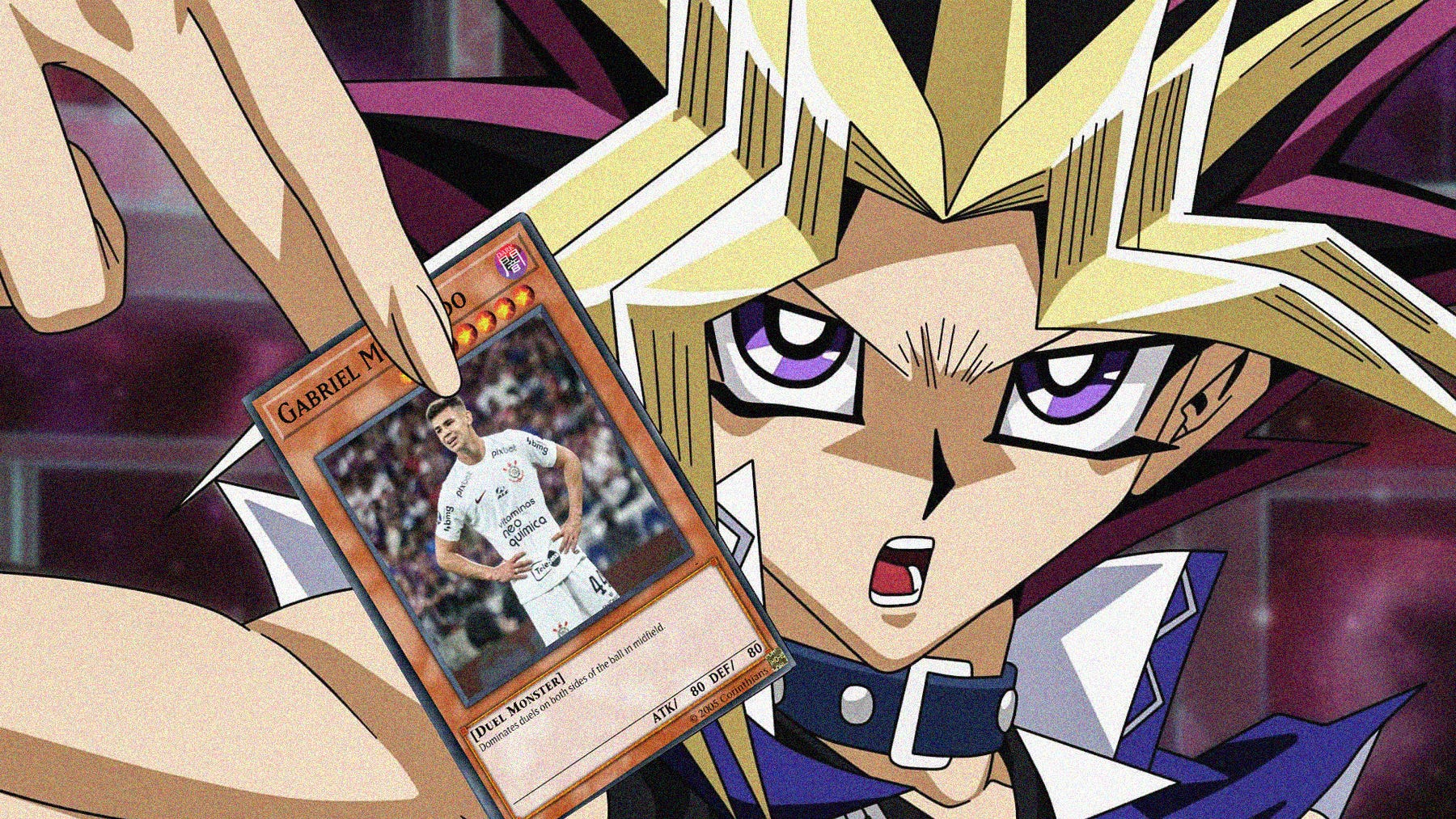 A close-up of a Yu-Gi-Oh character holding a Gabriel Moscardo card.