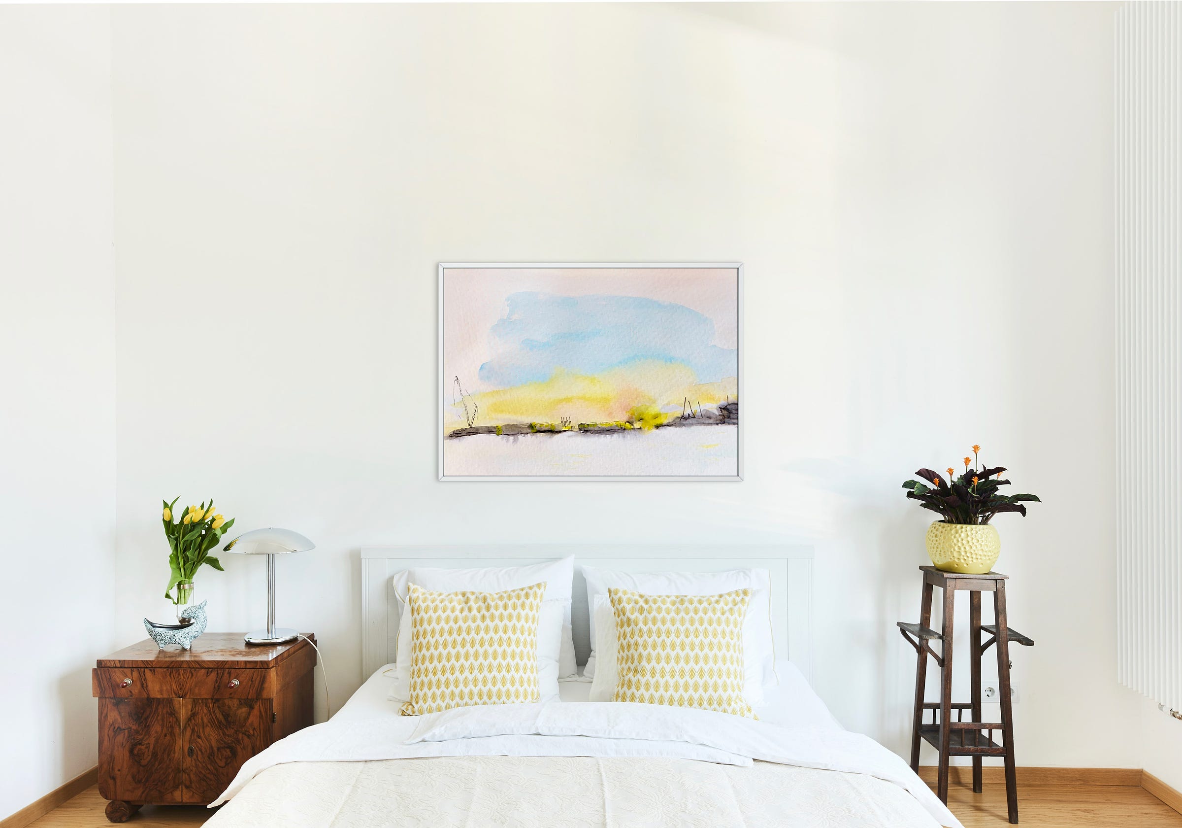 image: ink and watercolour painting of Matosinhos Beach artwork in a white frame in a bright bedroom setting
