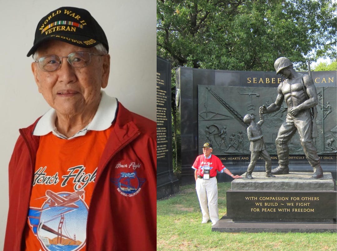 Alfred Chan was dressed for his Honor Flight and posed at the Seabee Memorial at the entrance to Arlington National Cemetery. Photo: Alfred Chan Family.