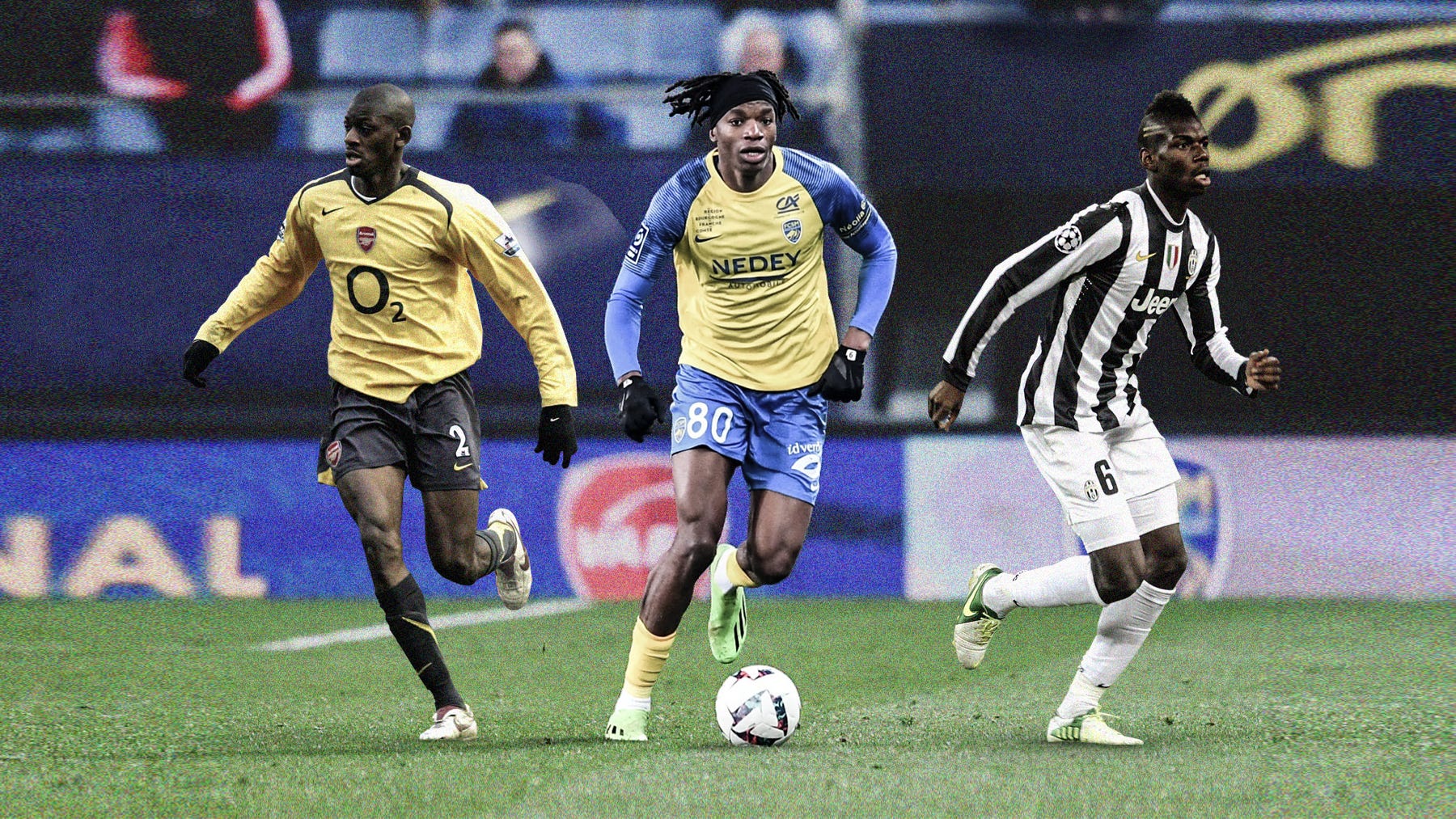 An edited photo featuring Skelly Alvero in a Sochaux shirt in the middle, flanked by Abou Diaby in a 2005/06 Arsenal shirt (left) and Paul Pogba in a 2011/12 Juventus shirt (right)