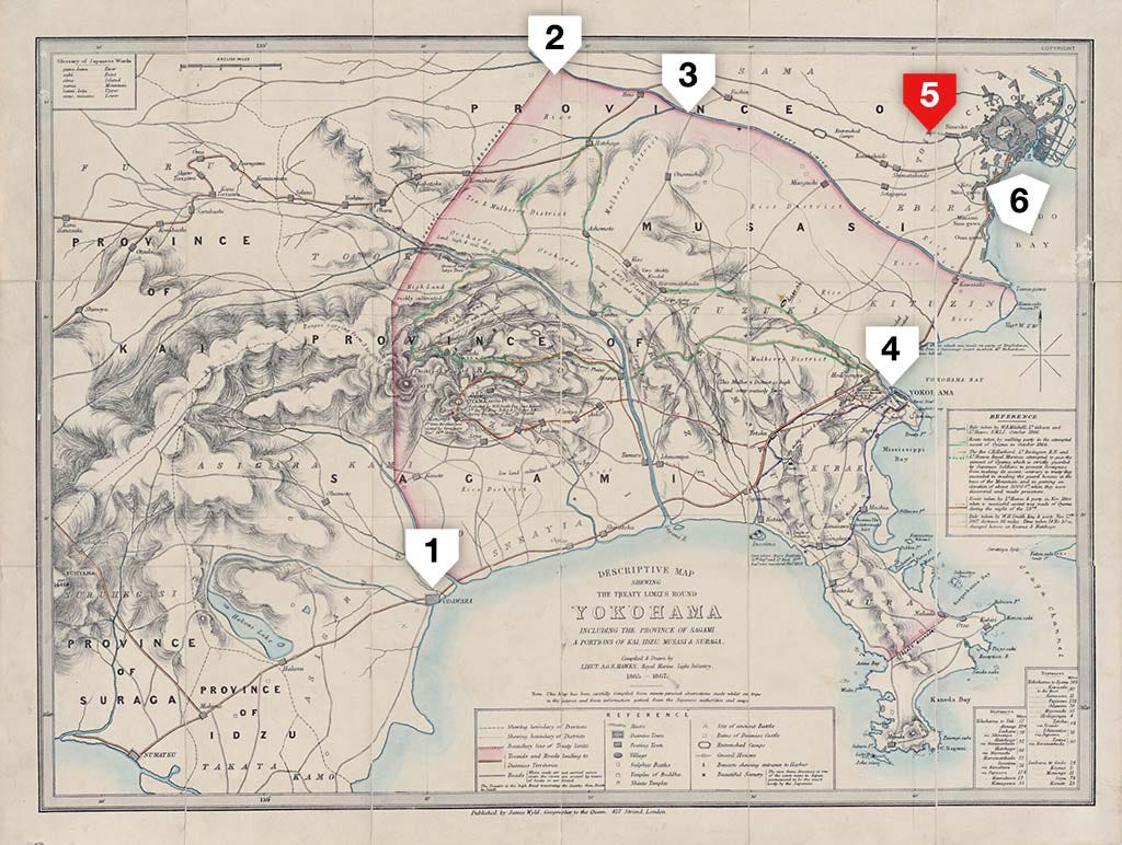 1868 map showing the treaty limits around Yokohama