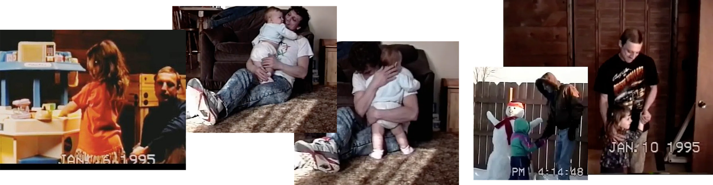 a series of screenshots from old video footage of the artist with her father. Time stamps read 1995