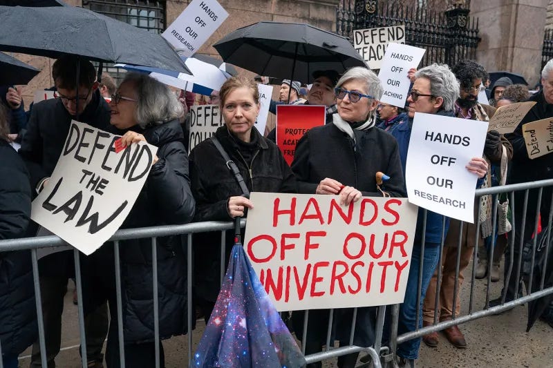 Demonstrators hold signs behind a barricade that say "HANDS OFF OUR UNIVERSITY," "DEFEND THE LAW," and "HANDS OFF OUR RESEARCH." Demonstrators hold signs behind a barricade that say "HANDS OFF OUR UNIVERSITY," "DEFEND THE LAW," and "HANDS OFF OUR RESEARCH."