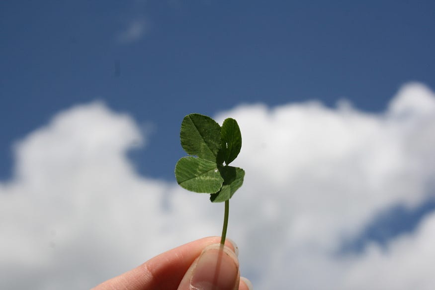 An image of a four leaf clover held in a hand against the backdrop of blue skies and clouds.