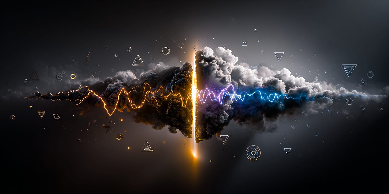 A minimalist surreal illustration of sound waves transforming from chaotic, jagged red lightning bolts on the left side into clean, smooth blue sine waves on the right side, set against a soft gradient background from dark gray to light blue, with floating geometric shapes (circles, triangles) scattered throughout that become more organized and aligned as they move from left to right, creating a sense of communication clarity emerging from chaos.