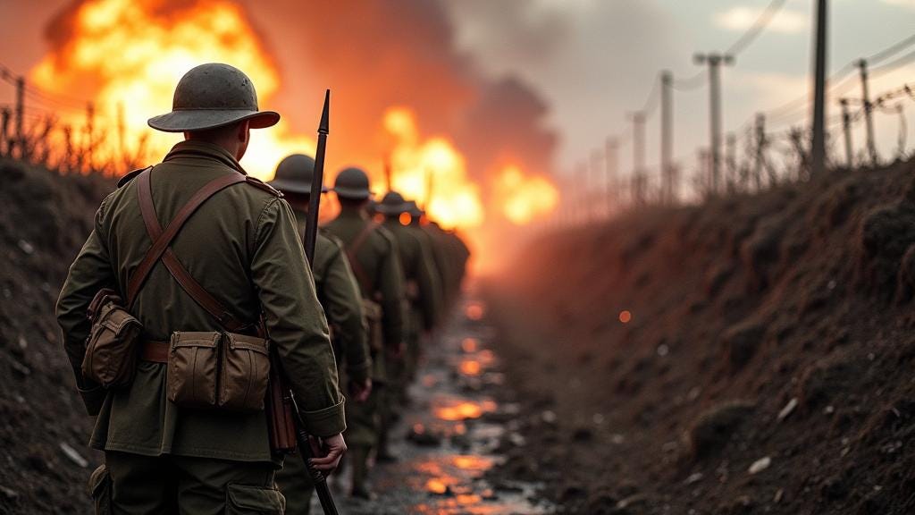 British troops marching into battle, over the parapet, over the precipice