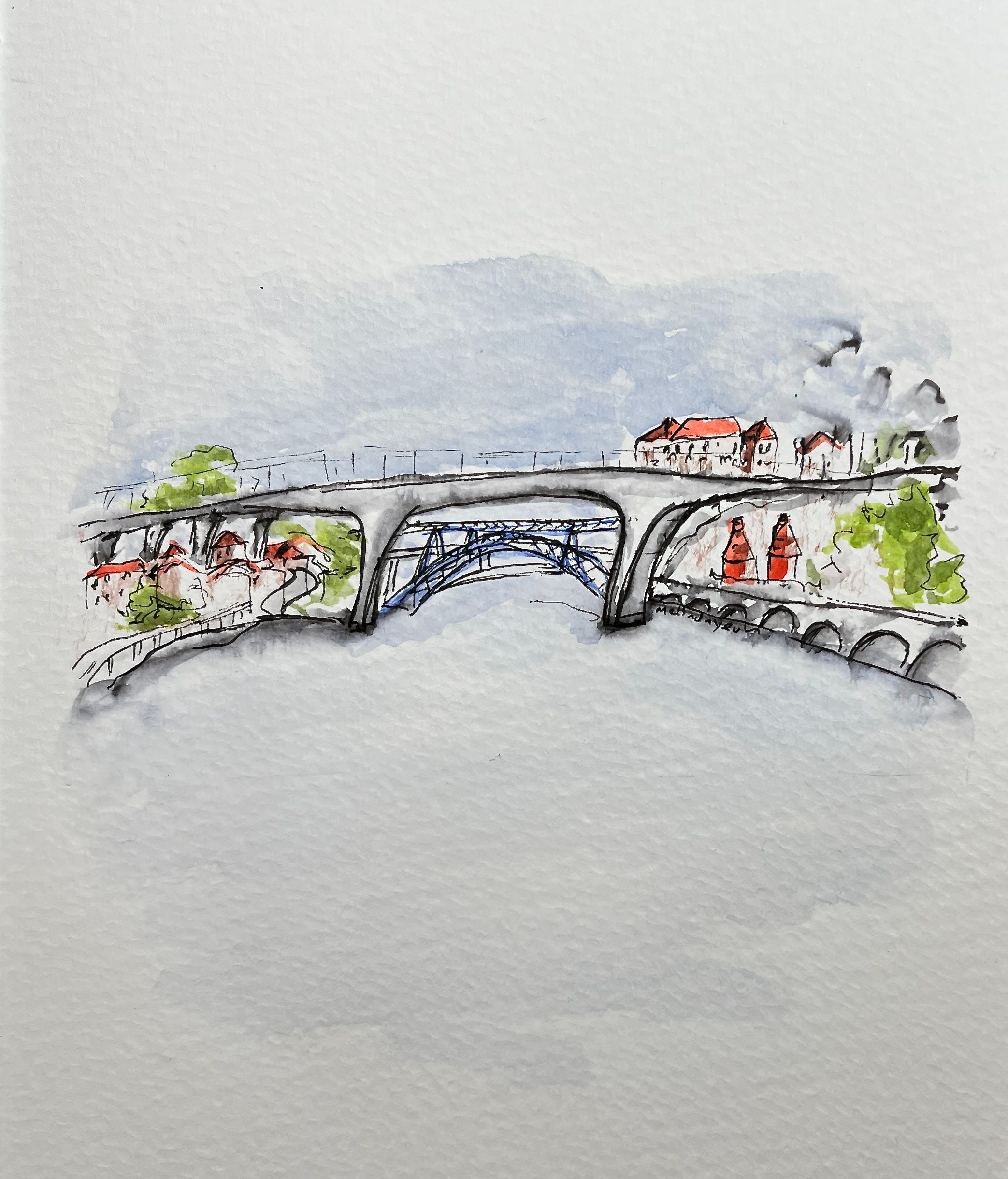 image: ink and watercolour painting of three Porto's bridge with greyish autumn sky