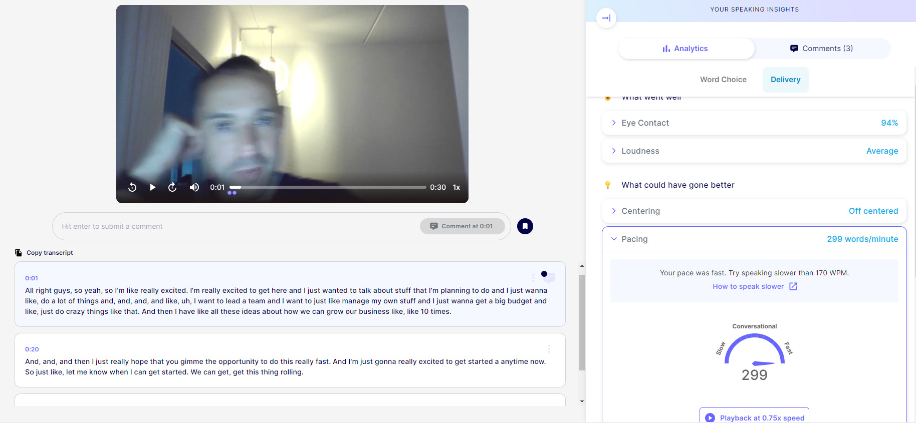 Screenshot of a Yoodli feedback screen for a speech video recording