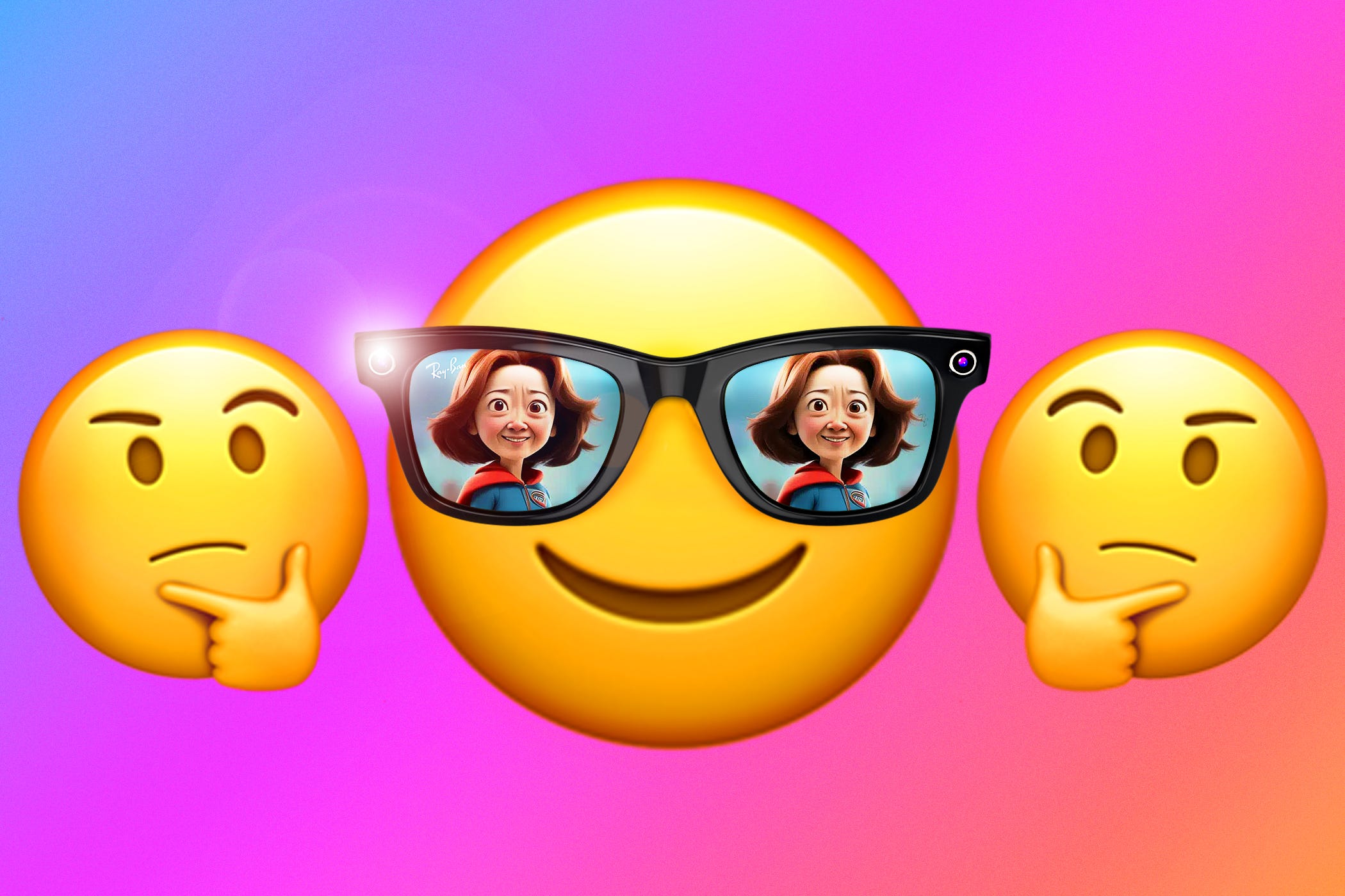 Smiley emoji wearing Meta Ray Ban sunglasses with a reflection of an AI image of a Super Mom and thinking emoji on either side