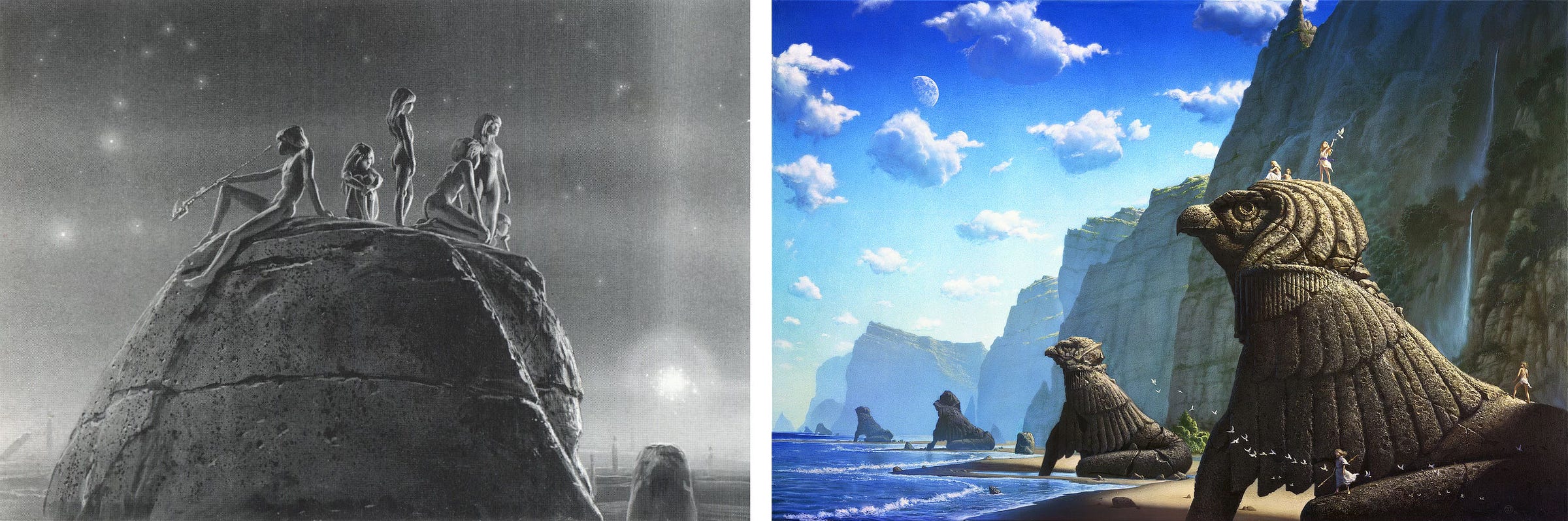 LEFT: B&W preliminary concept featuring children atop the stone head of a Sphinx-like monument. Stars dot the night sky and a nebula beams light in three directions just above the horizon. RIGHT: Backed by a sheer cliff wall, monumental statues line the shore like sentinels facing out to sea. The statues resemble the Egyptian god Horus with hawk-like faces and a shawl of feathers. They each kneel resting weight forward on front limbs, but each statue erodes more than the last as the line extends down the shore. Children stand on the nearest hawk monument. One holds as staff and stares out as a line of doves flies past.