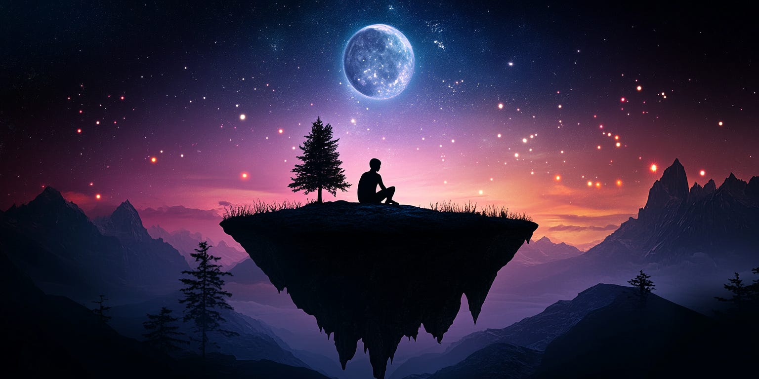 A single silhouetted figure sitting cross-legged on a floating island in a vast sky space. 