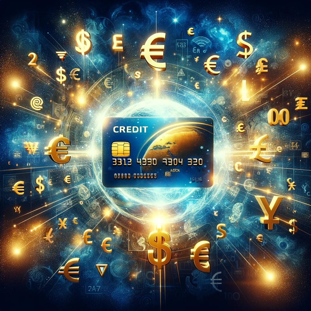A visually striking representation of credit, featuring an abstract concept. The scene includes a golden credit card floating in the center, surrounded by glowing symbols of currency from around the world, including dollar signs, euro symbols, and yen characters. The background is a deep, cosmic blue, suggesting a vast, interconnected financial universe. Light rays emanate from the credit card, illuminating the currency symbols and creating a sense of radiance and value. The image captures the essence of credit as a global, powerful financial tool.
