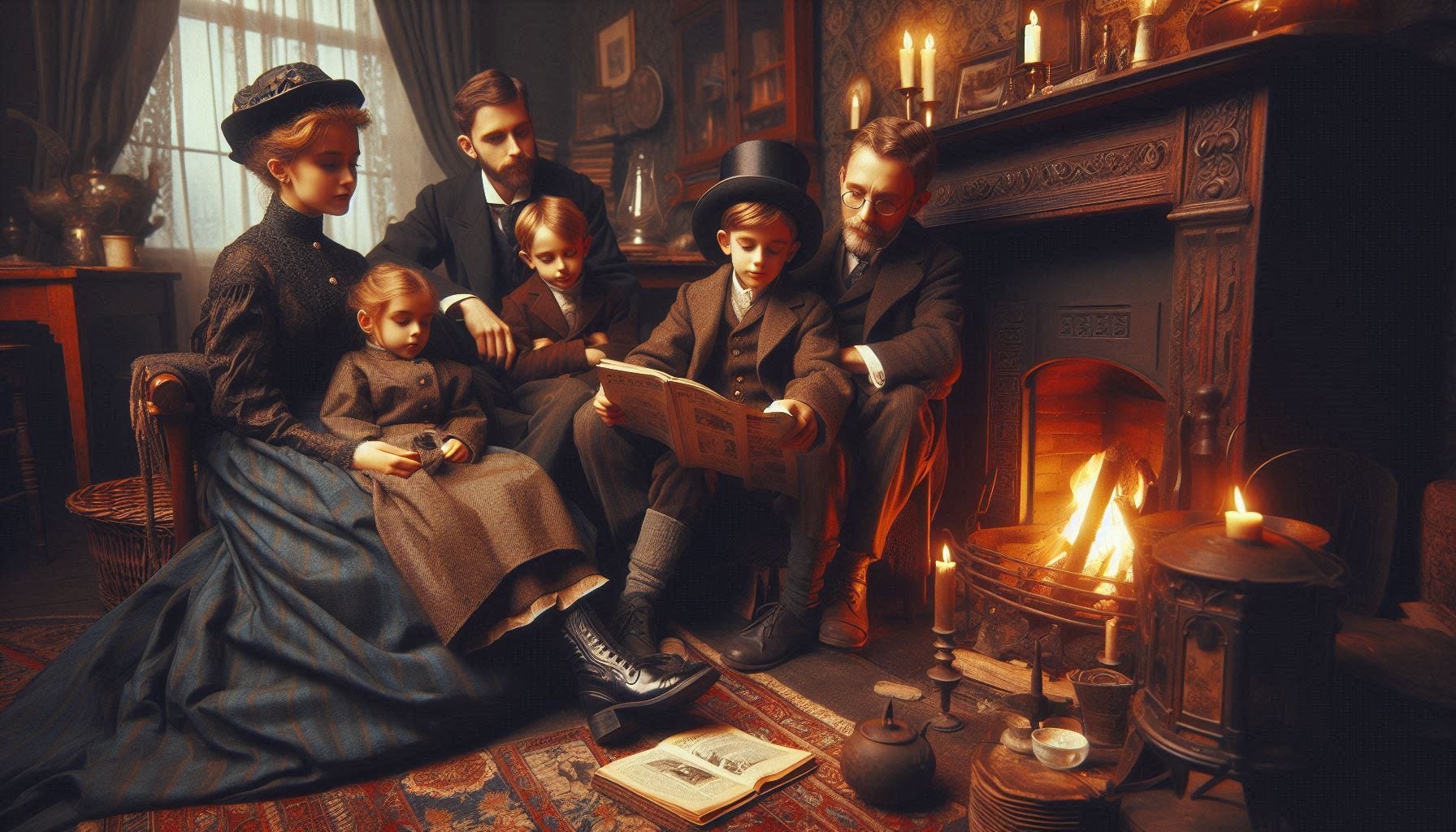 In Victorian times, a family sits around the fire whilst the father reads a story from a magazine