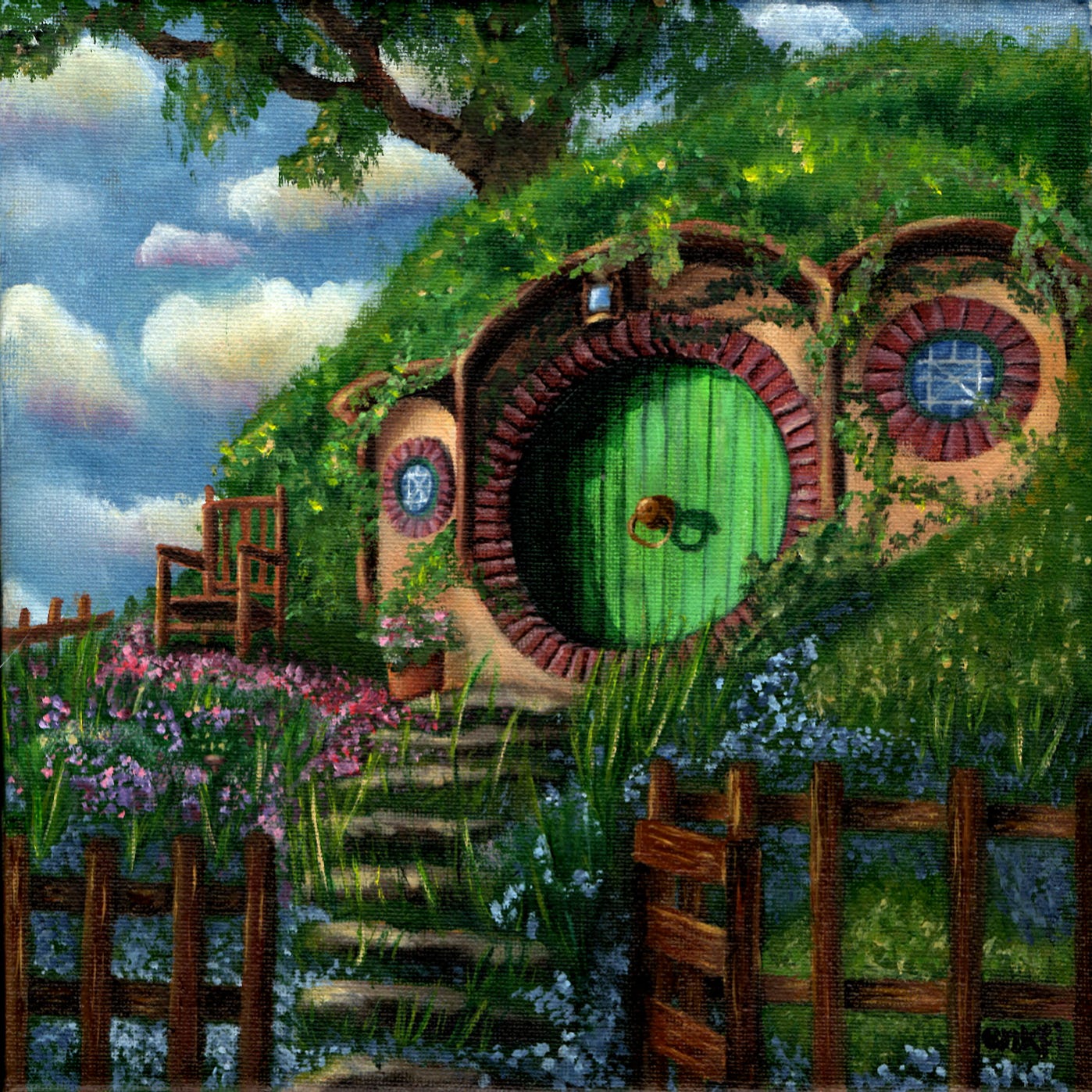 square oil painting of Bag End from The Hobbit/Lord of the Rings by Tolkien. This hobbit-hole is ”not a nasty, dirty, wet hole, filled with the ends of worms and an oozy smell, nor yet a dry, bare, sandy hole with nothing in it to sit down on or to eat: it was a hobbit-hole, and that means comfort. It had a perfectly round door like a porthole, painted green, with a shiny yellow brass knob in the exact middle.” On each side of the door are circular windows. It is golden hour, there are lots of flowers and grass, a rock path leading up to the door, and there is a wooden chair to the left of the door with a flowerpot next to it. There is a wooden fence encircling the property and an open wooden gate. There is also a tree behind the hill and you can see the blue sky and some clouds.