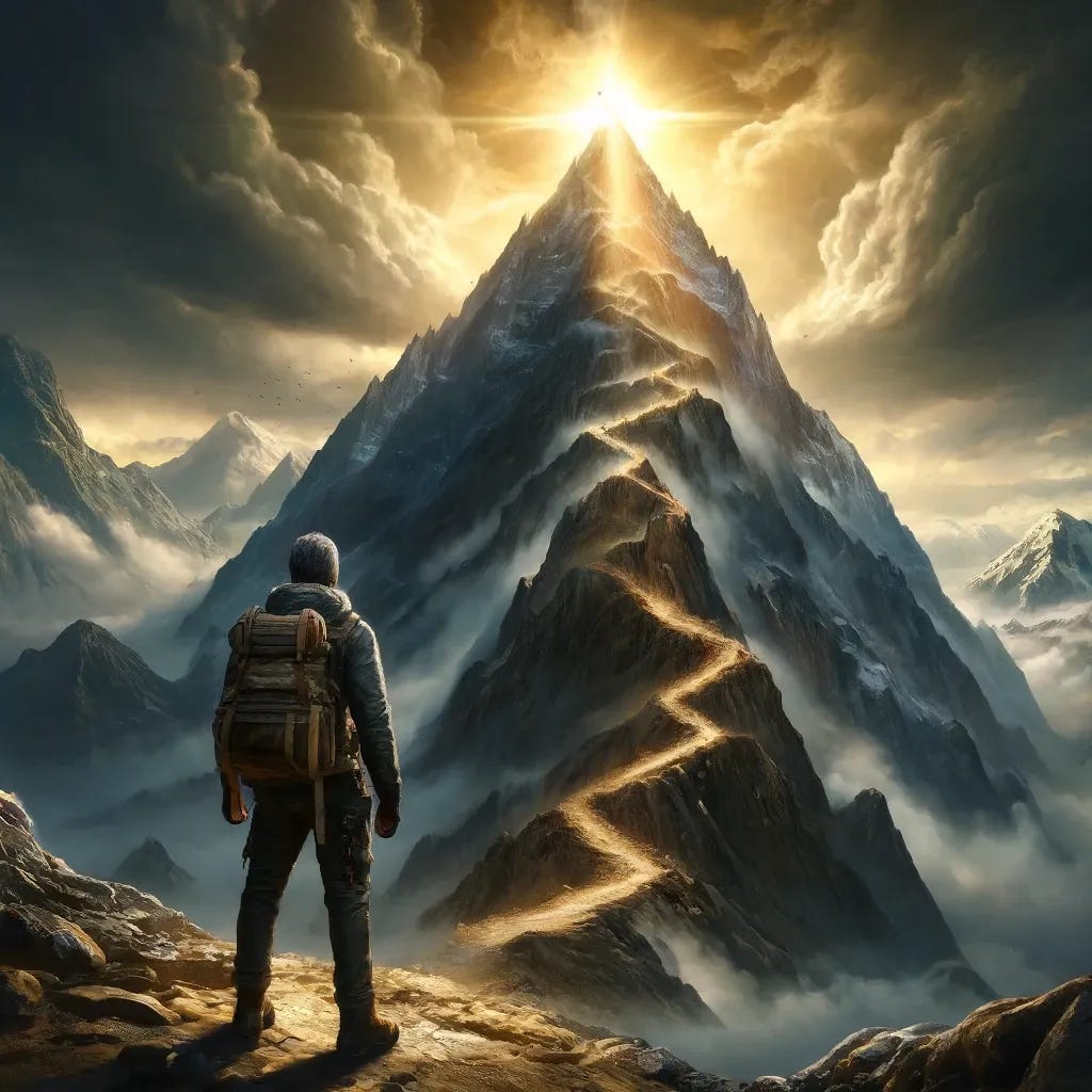 A dramatic, hyper-realistic digital painting of a challenge-themed scene. A determined figure stands at the base of a towering mountain, gazing up at the peak, with a winding, treacherous path leading to the top. The sky is filled with storm clouds, but a golden light breaks through, illuminating the summit as a symbol of triumph. The figure wears a rugged outfit, prepared for the climb, embodying perseverance and resilience. The atmosphere is intense, evoking a sense of adventure and personal growth.