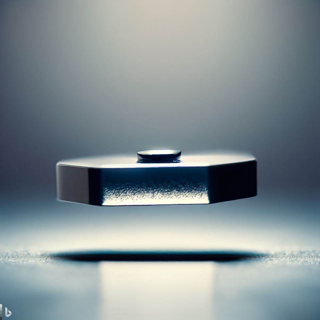 lk99 superconductor levitating on a silver surface, epic, light from background, dramatic, closeup, digital art