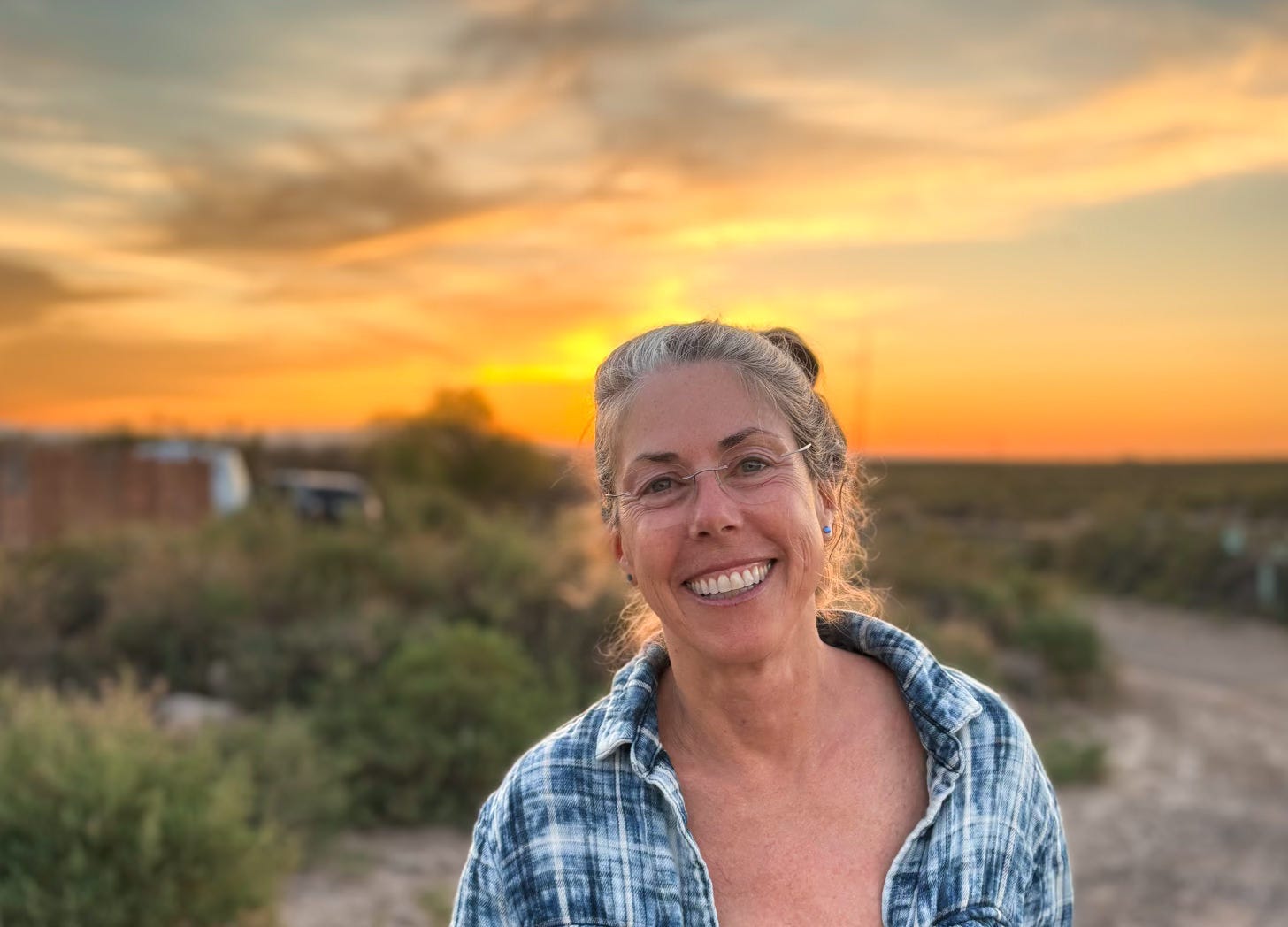 smiling woman shown from chest up in plaid shirt against background of orange sunset