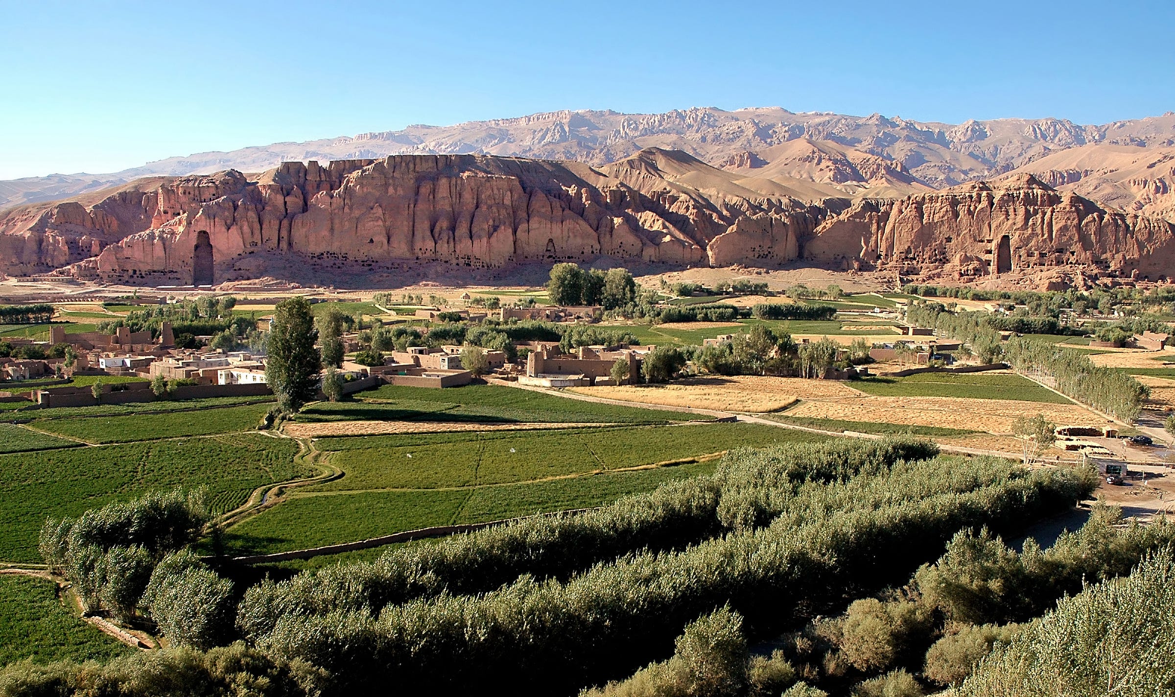 A picture of the Bamiyan Valley showing where the two giant Buddhas used to be.